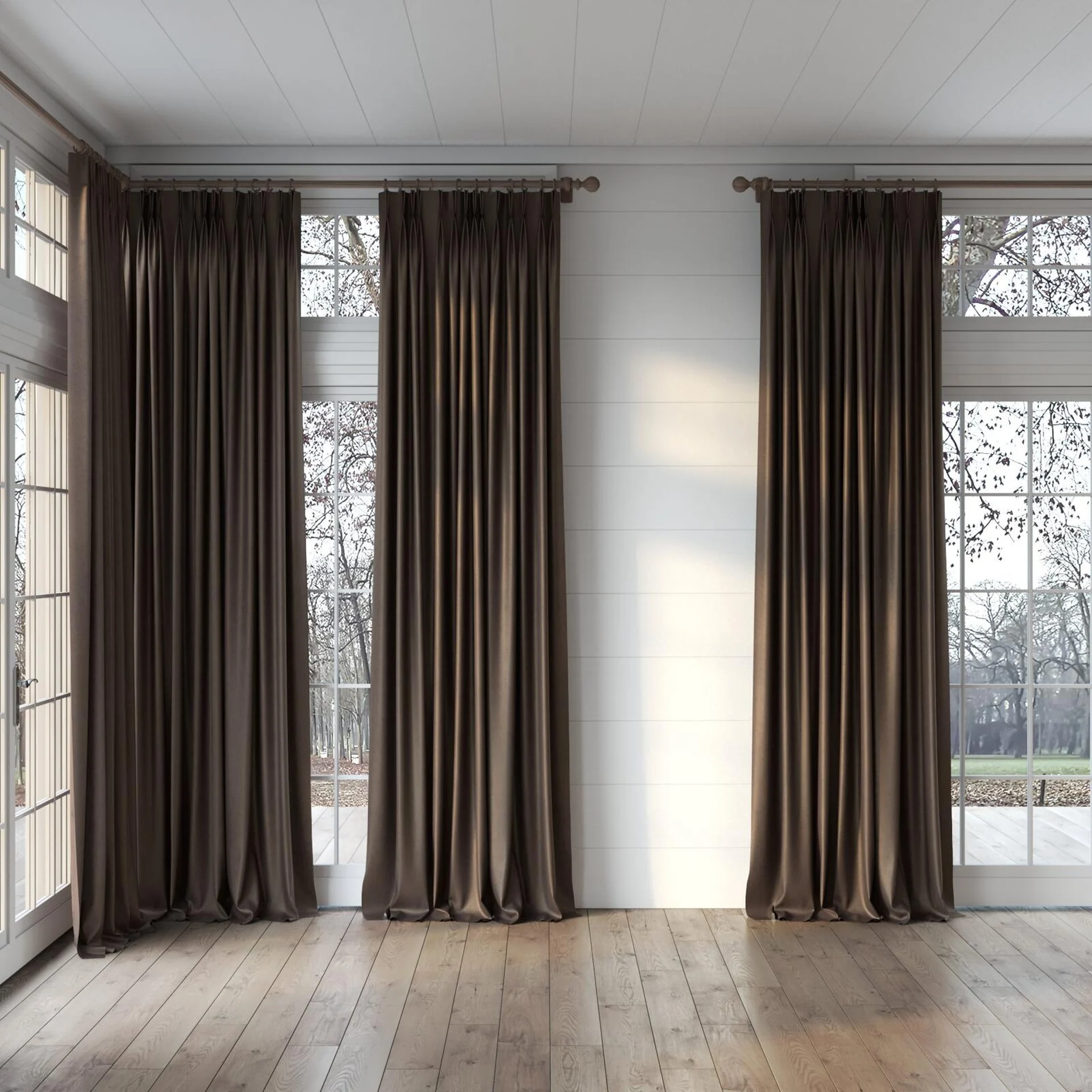 Full view of Moon Chocolate, puddled, on curtain rod