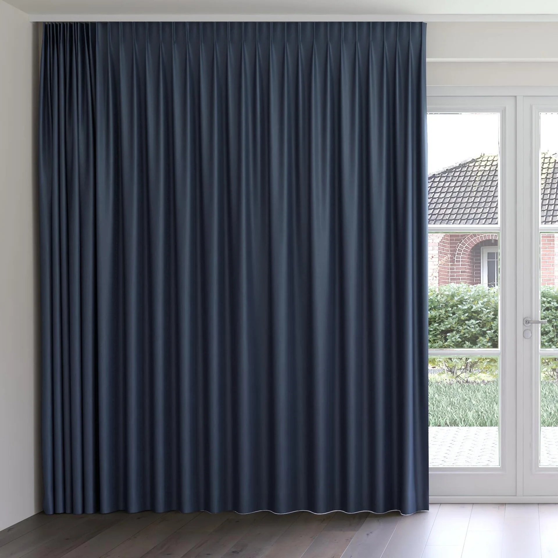 Front view of Eclipse Blackout Midnight, on curtain rail