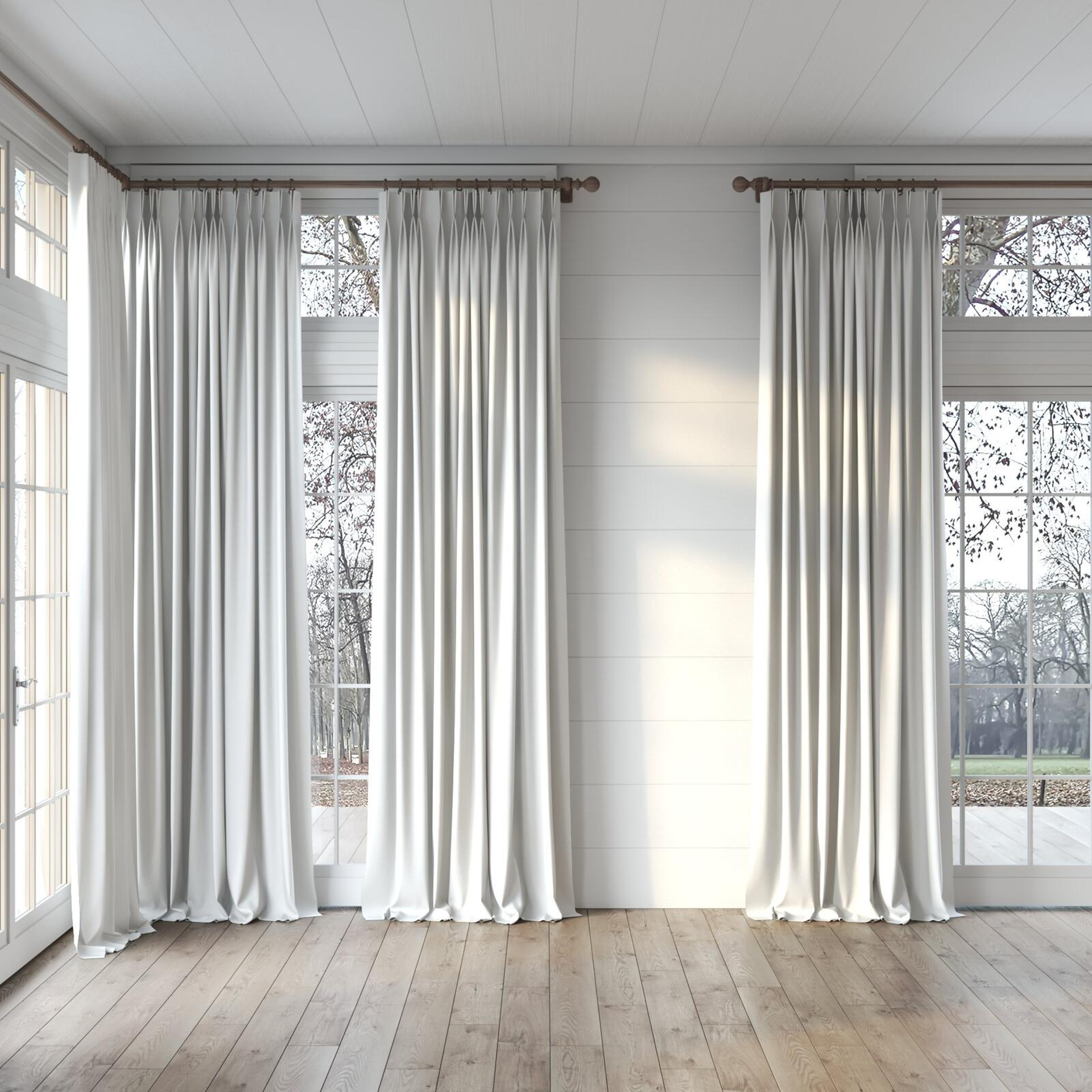 Full view of Luxo Mist, puddled, on curtain rod