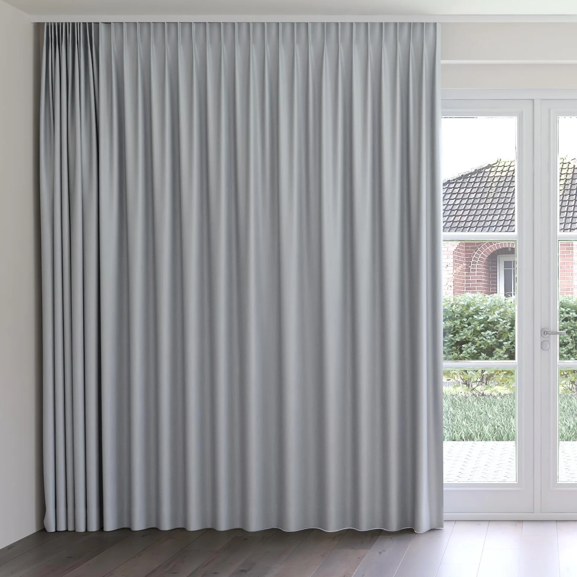 Front view of Eternal Dove Grey, on curtain rail