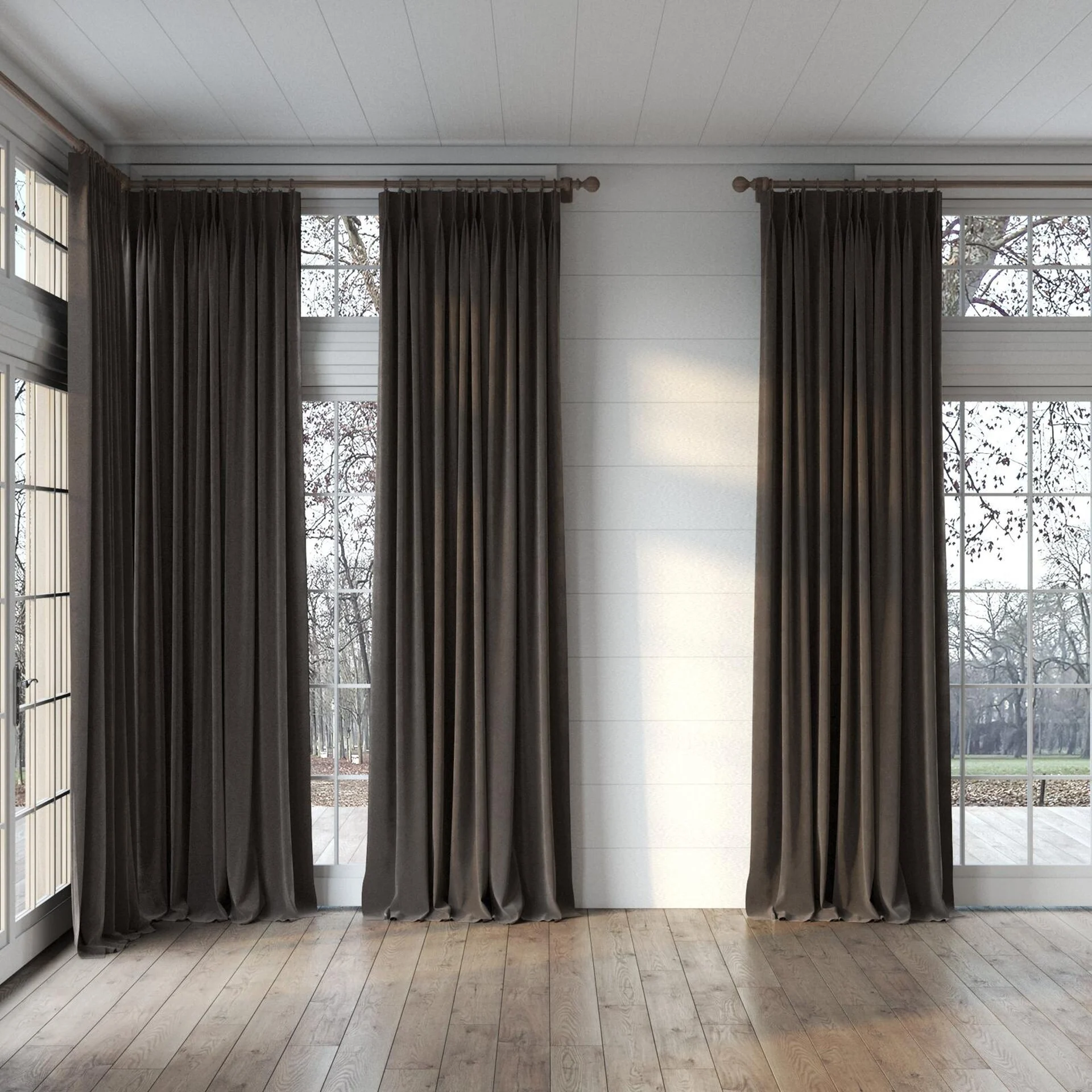 Full view of Lux Velvet Mocha 8705, puddled, on curtain rod