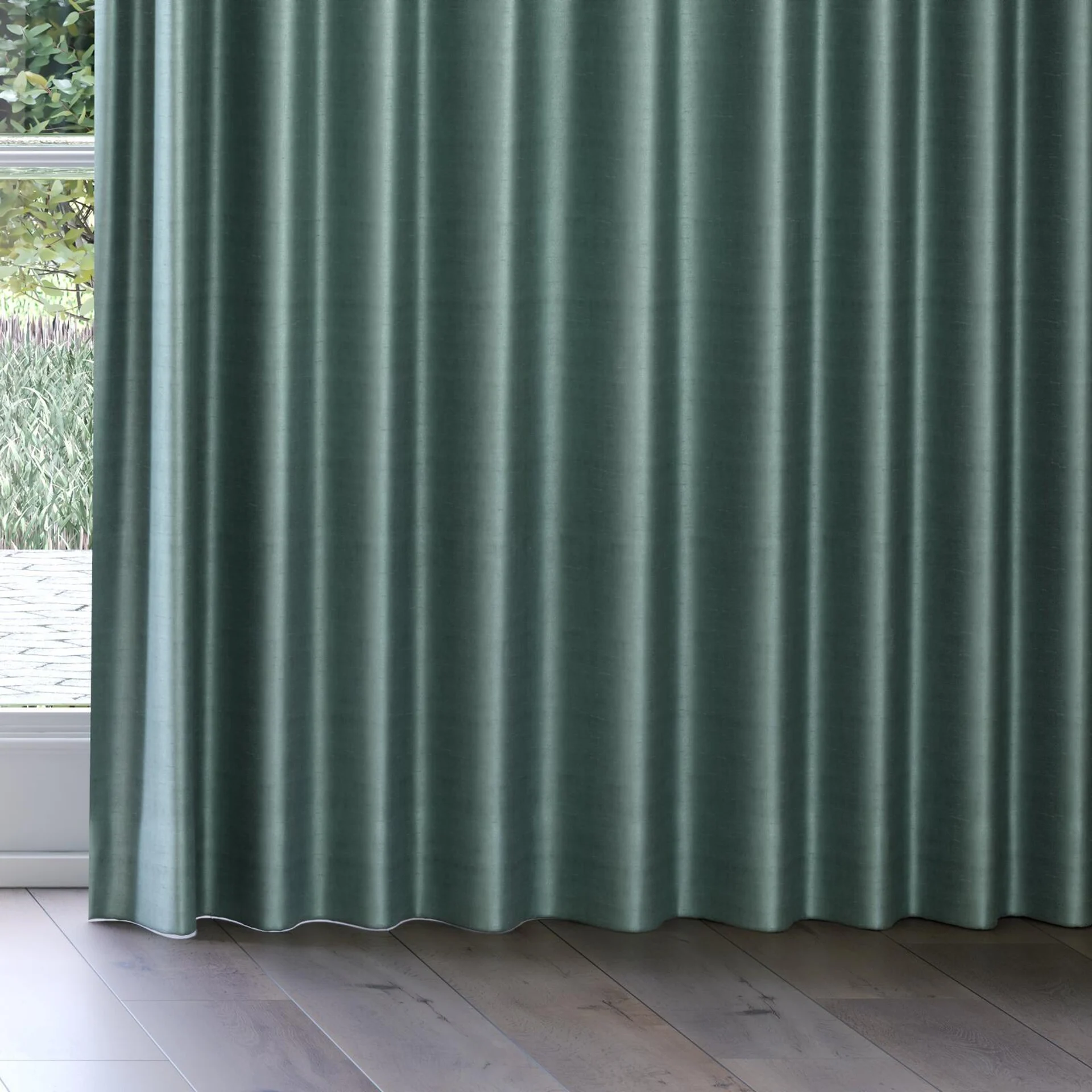 Bottom view of Zircon Teal, on curtain rail