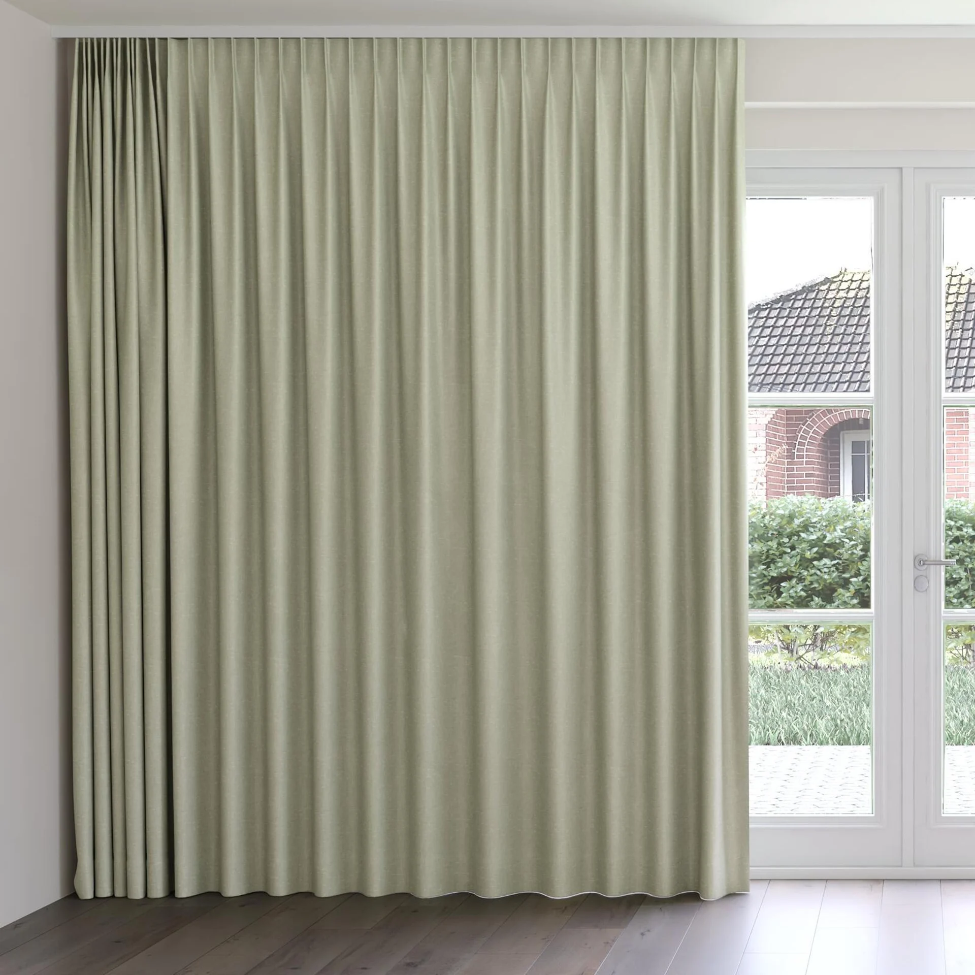Front view of Glamour Linden, on curtain rail