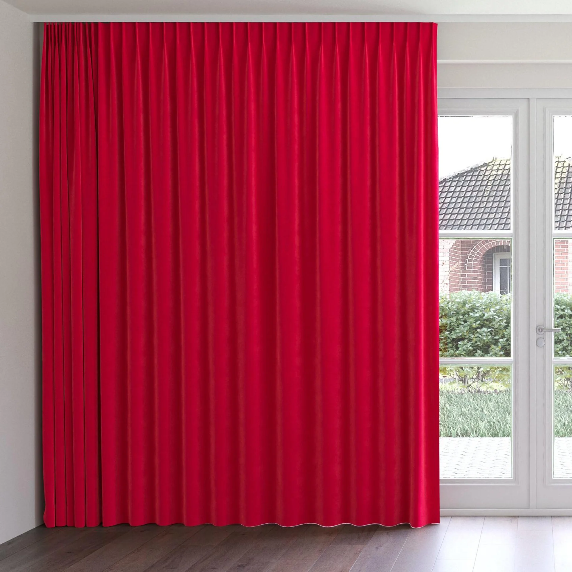 Front view of Moon Strawberry, on curtain rail