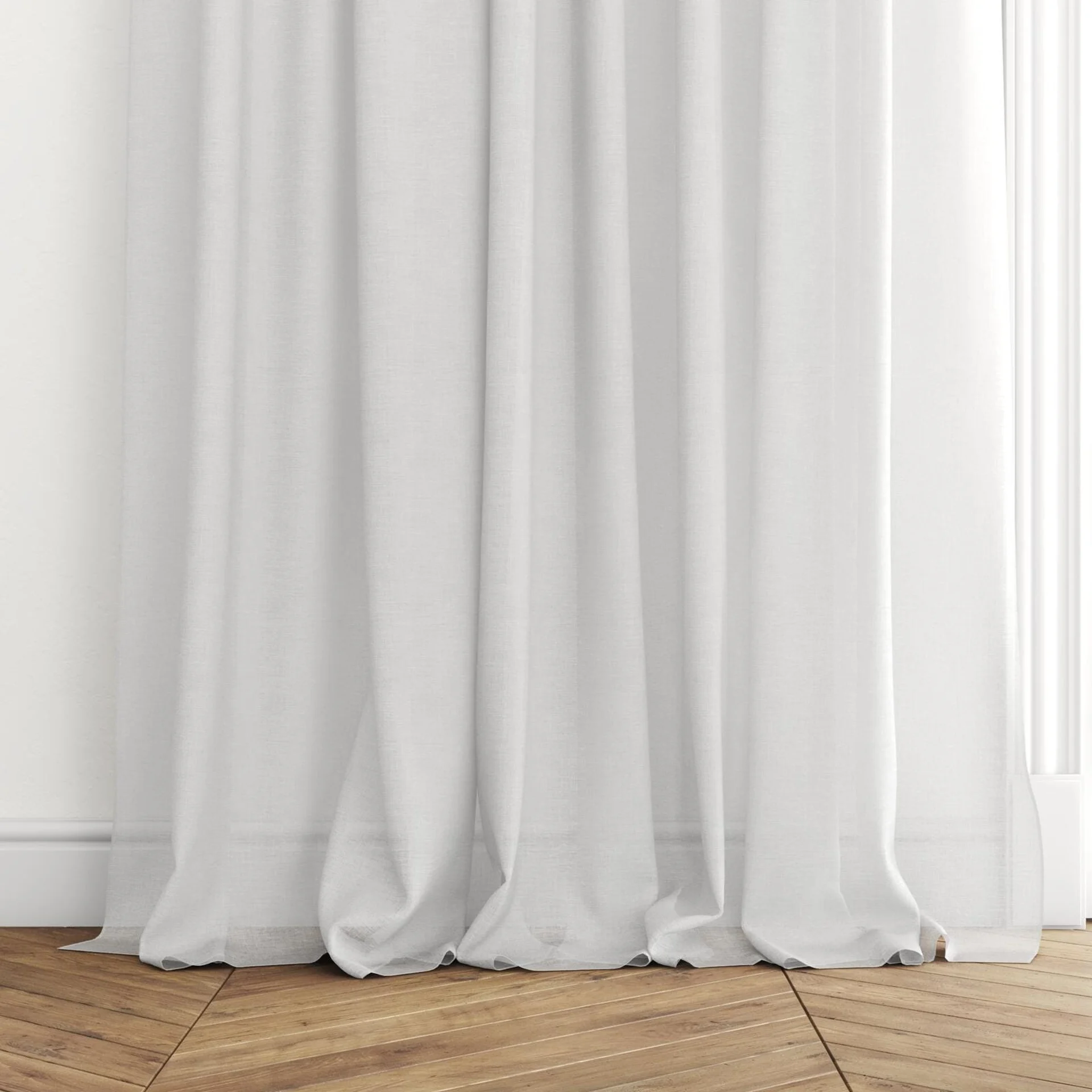 Bottom view of Cirrus Dove, puddled with pinch pleat, on curtain rod