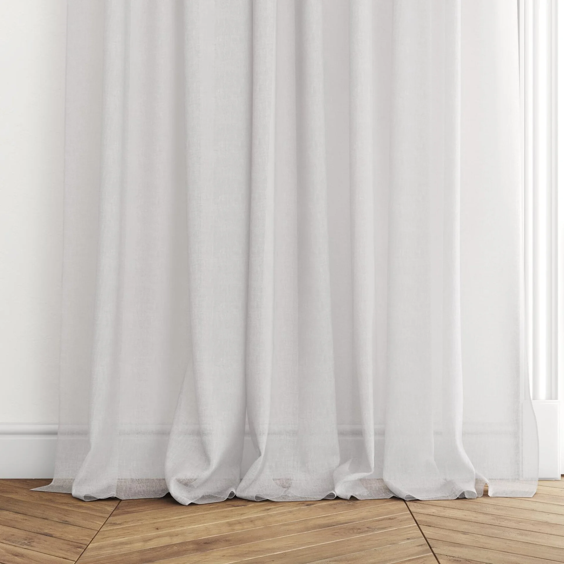 Bottom view of Elevate Paper, puddled with pinch pleat, on curtain rod
