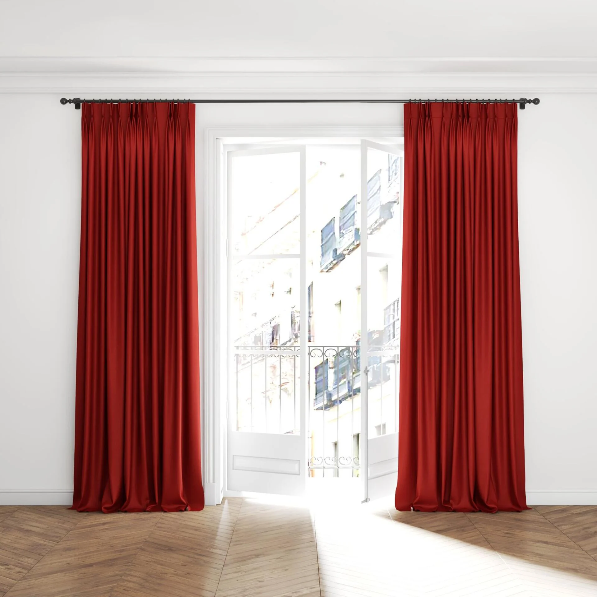 Full view of Woolly/Woolen Sunset, puddled with pinch pleat, on curtain rod