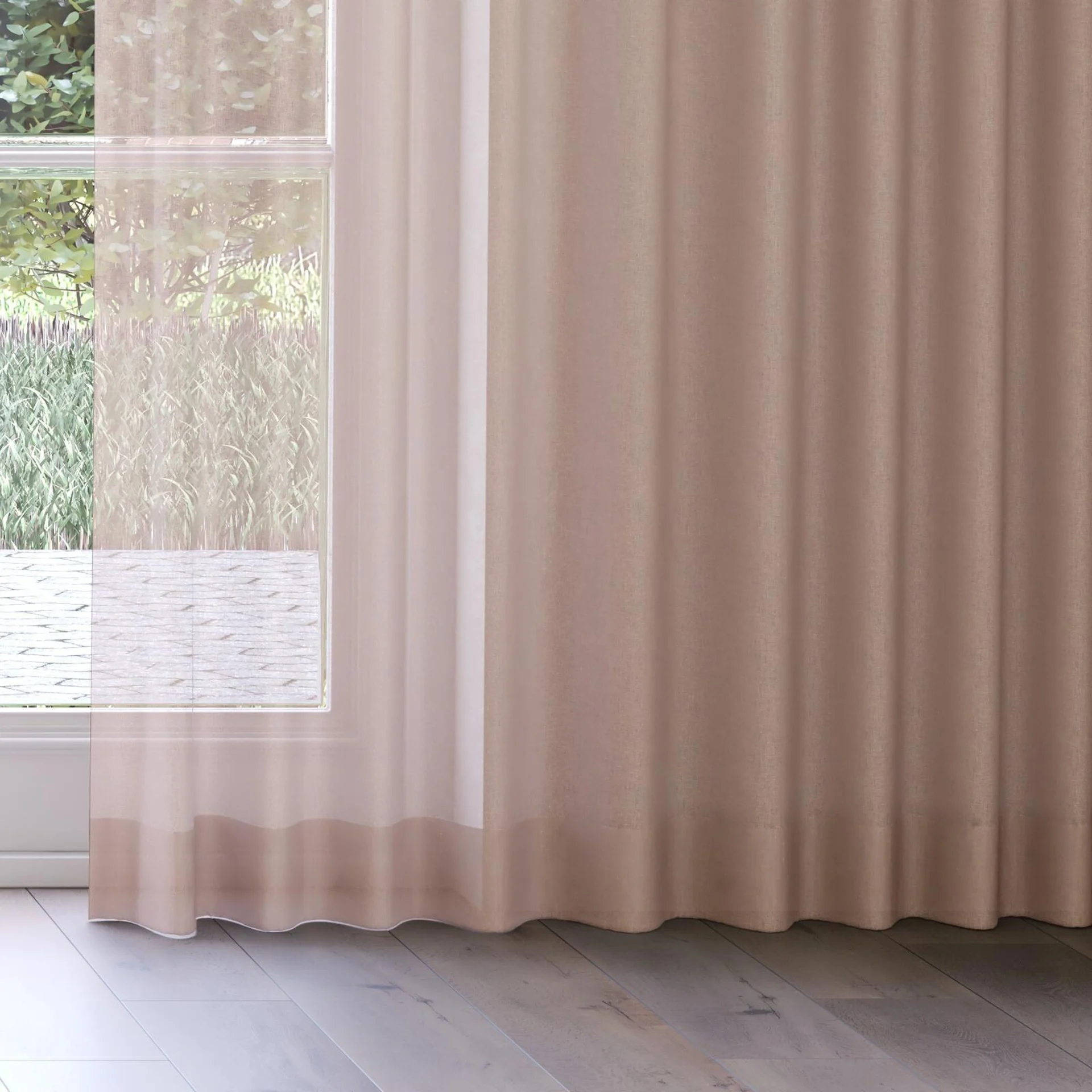 Bottom view of Kanji Blush, on curtain rail