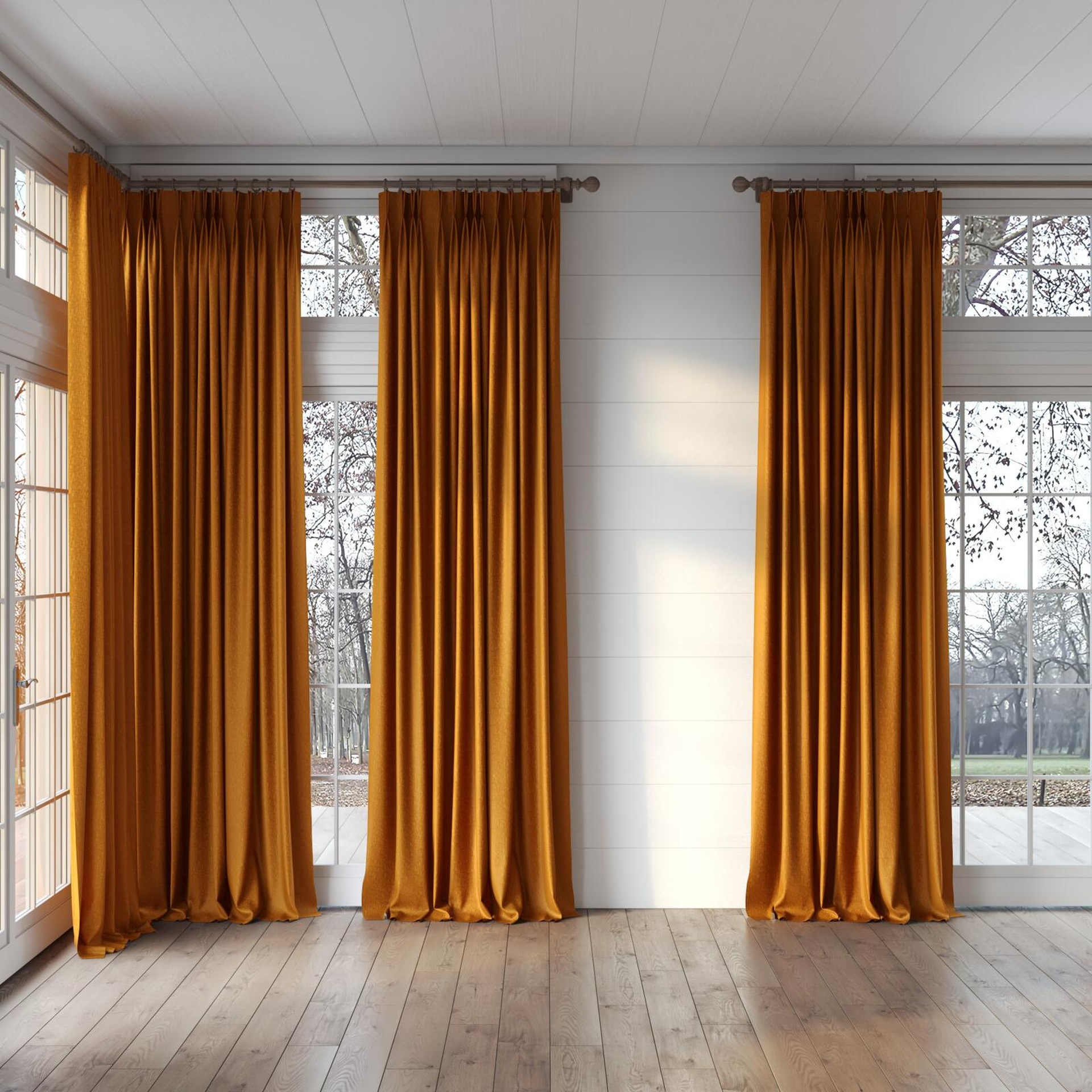 Full view of Rewind Fox, puddled, on curtain rod
