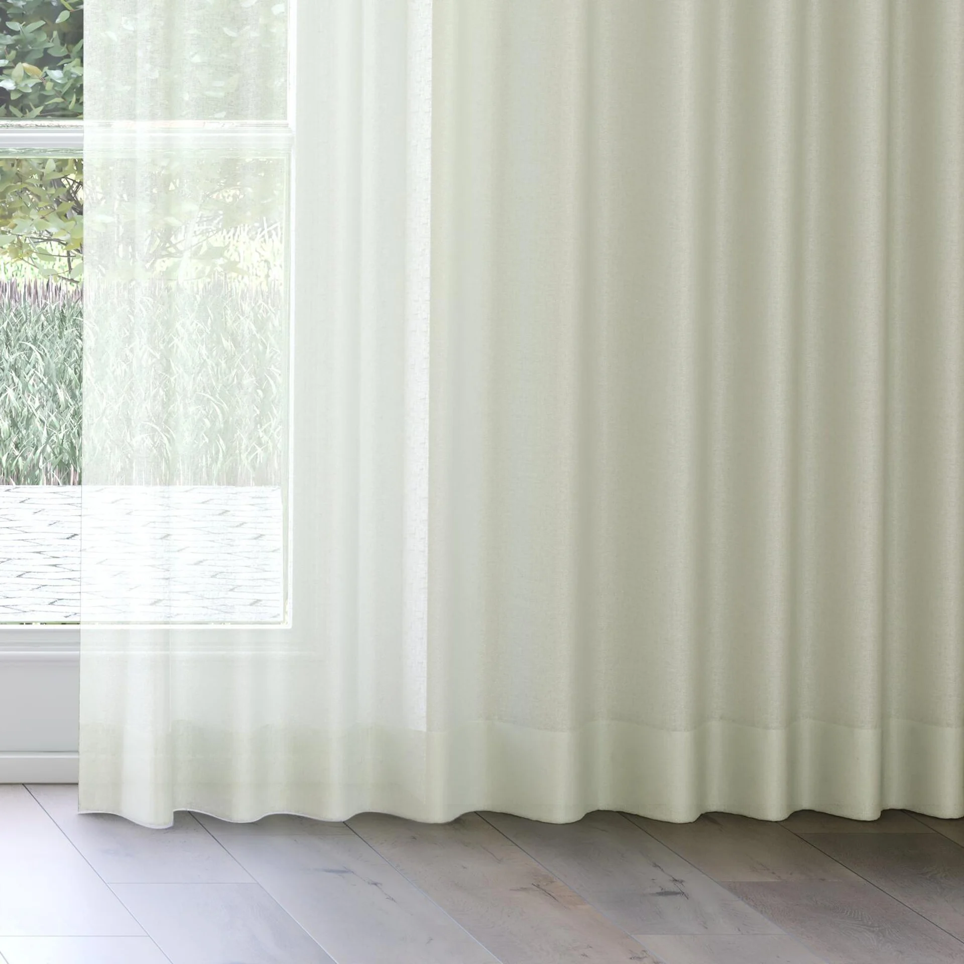 Bottom view of Kanso Stonewash Eucalyptus, on curtain rail
