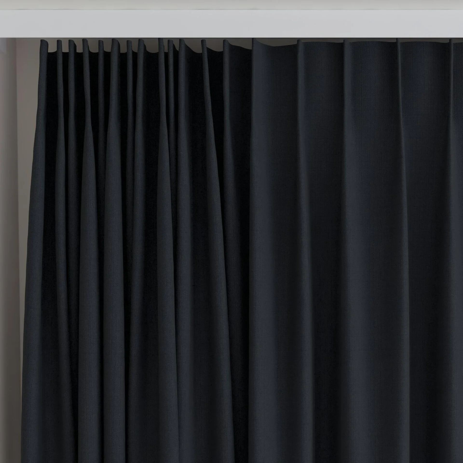 Top view of Darkness Caviar, on curtain rail