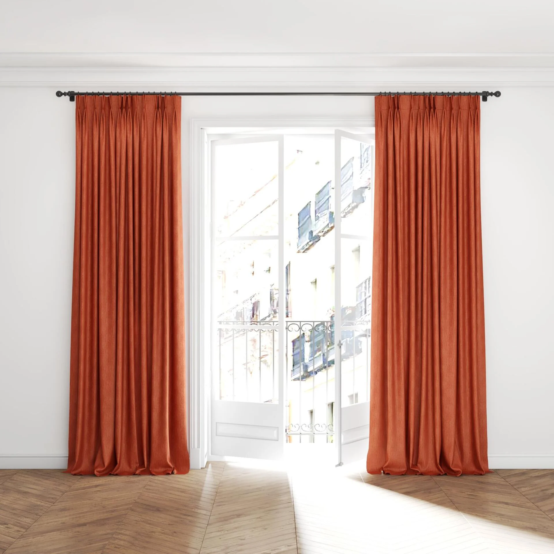 Full view of Trezor Terra, puddled with pinch pleat, on curtain rod