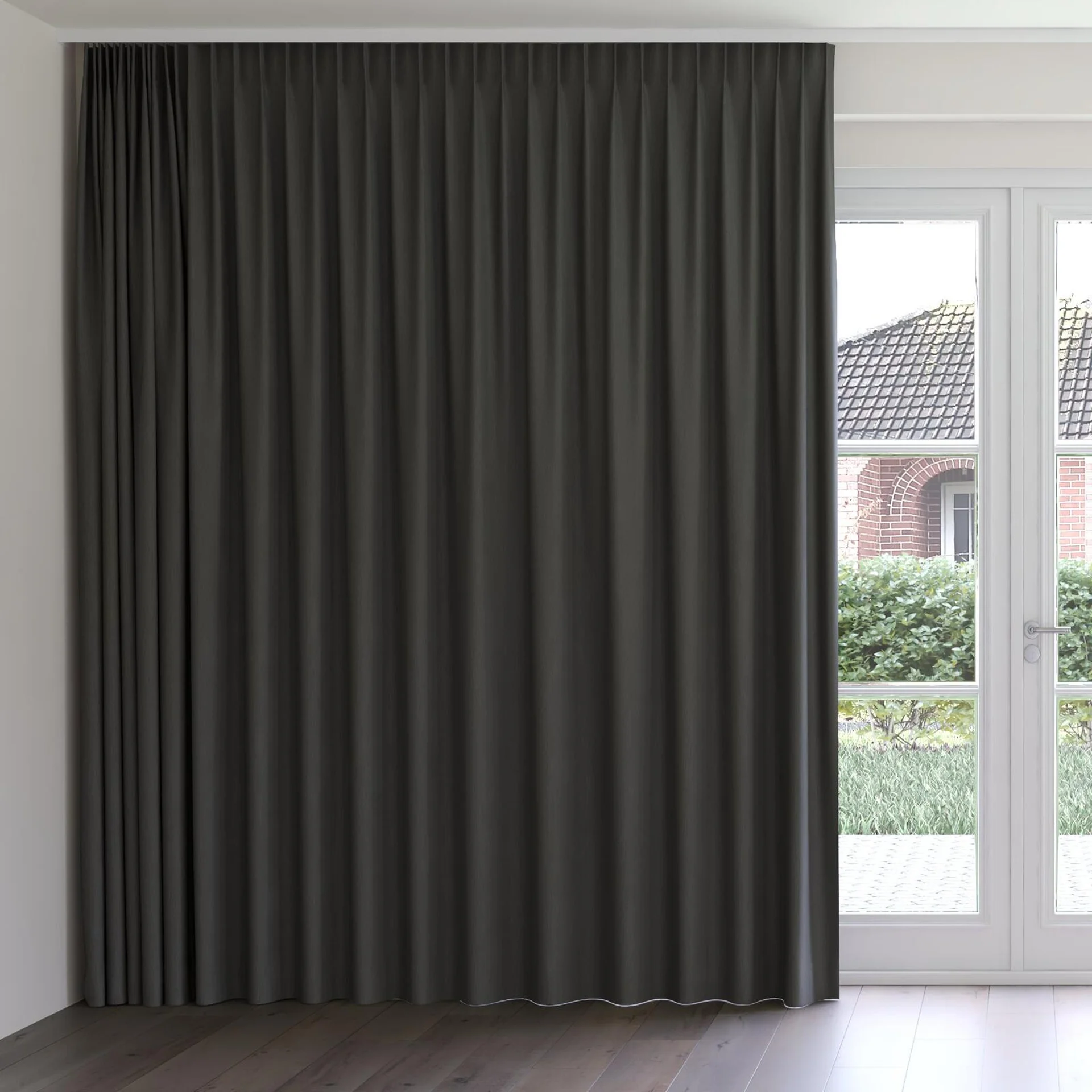 Front view of Tuxedo Charcoal, on curtain rail