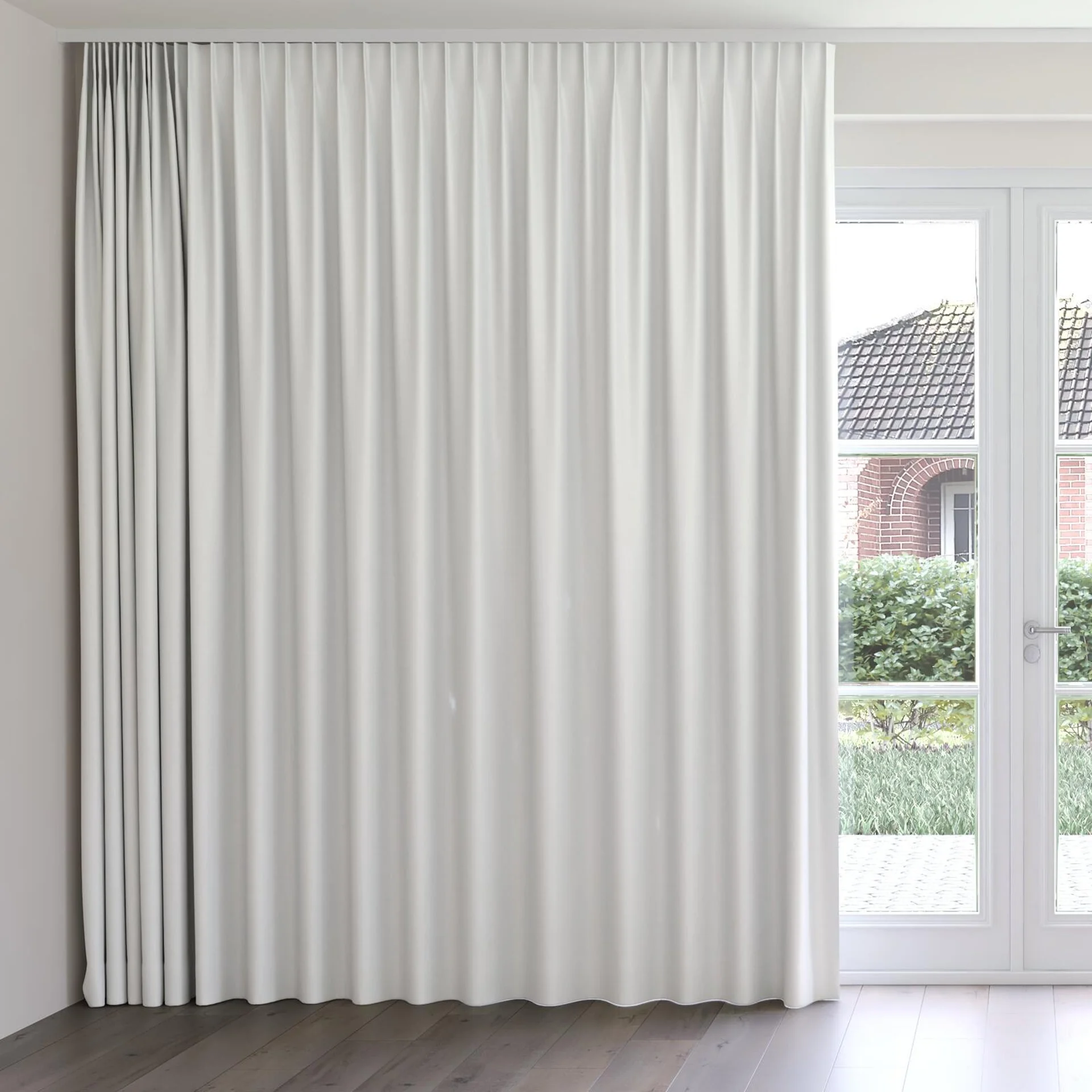 Front view of Re-Vive Ecru, on curtain rail