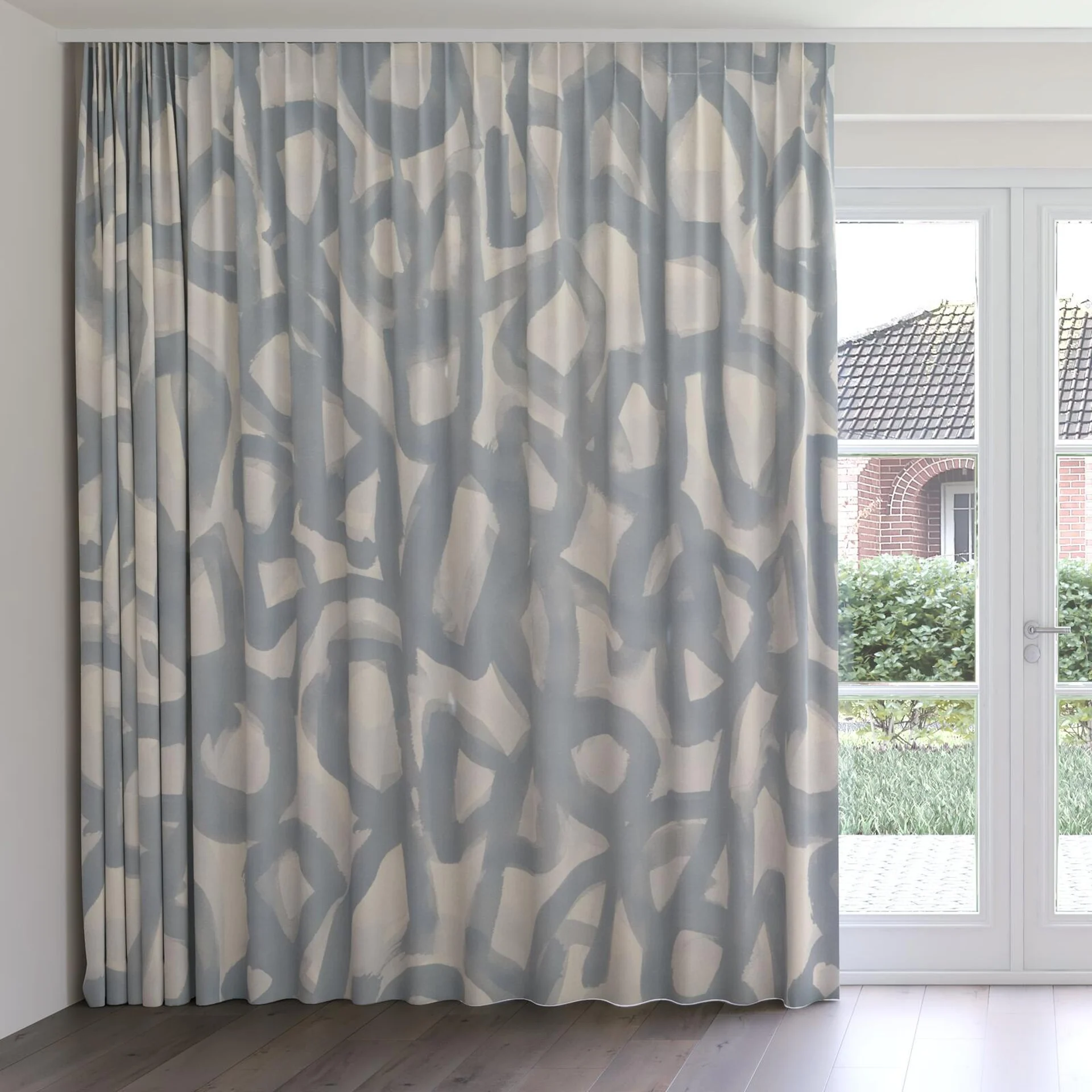 Front view of Abstraction Sky, on curtain rail