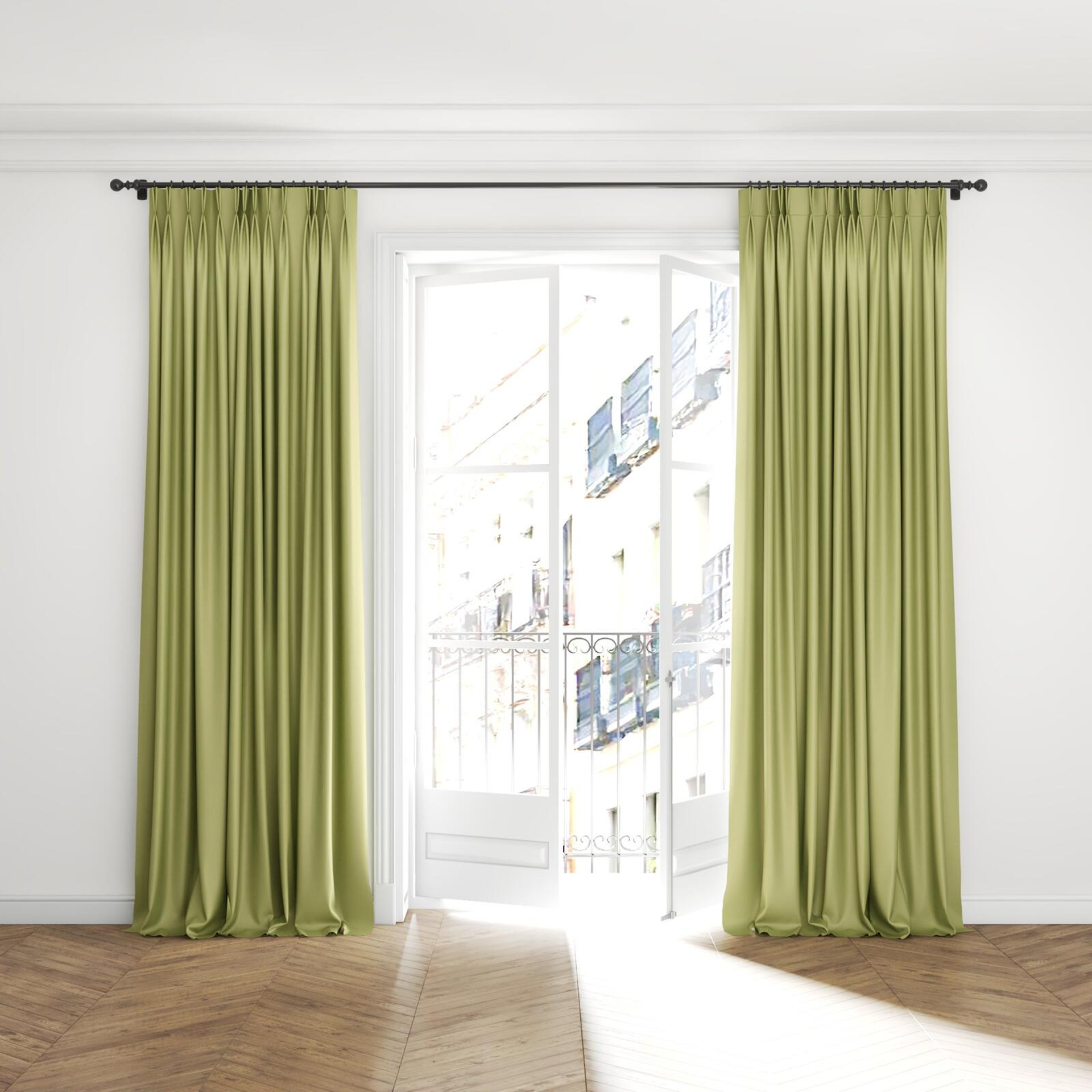 Full view of Re-Vive Leaf, puddled with pinch pleat, on curtain rod