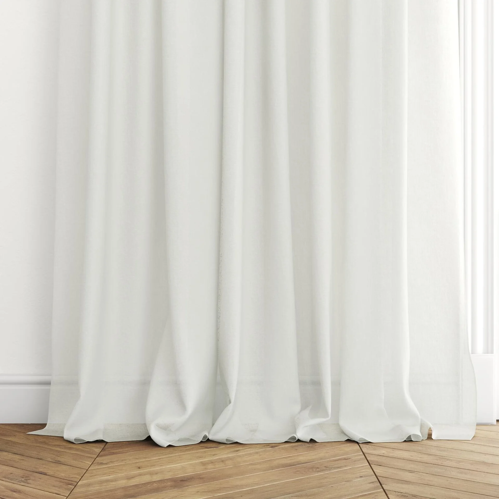 Bottom view of Illusion Champagne, puddled with pinch pleat, on curtain rod
