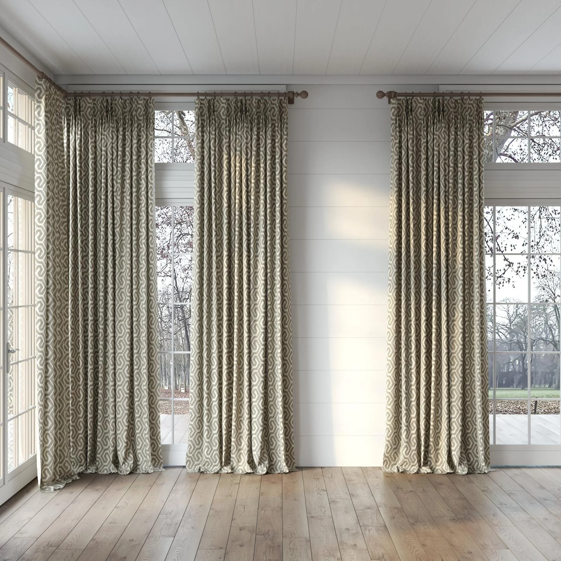 Full view of Comdeca Sand, puddled, on curtain rod