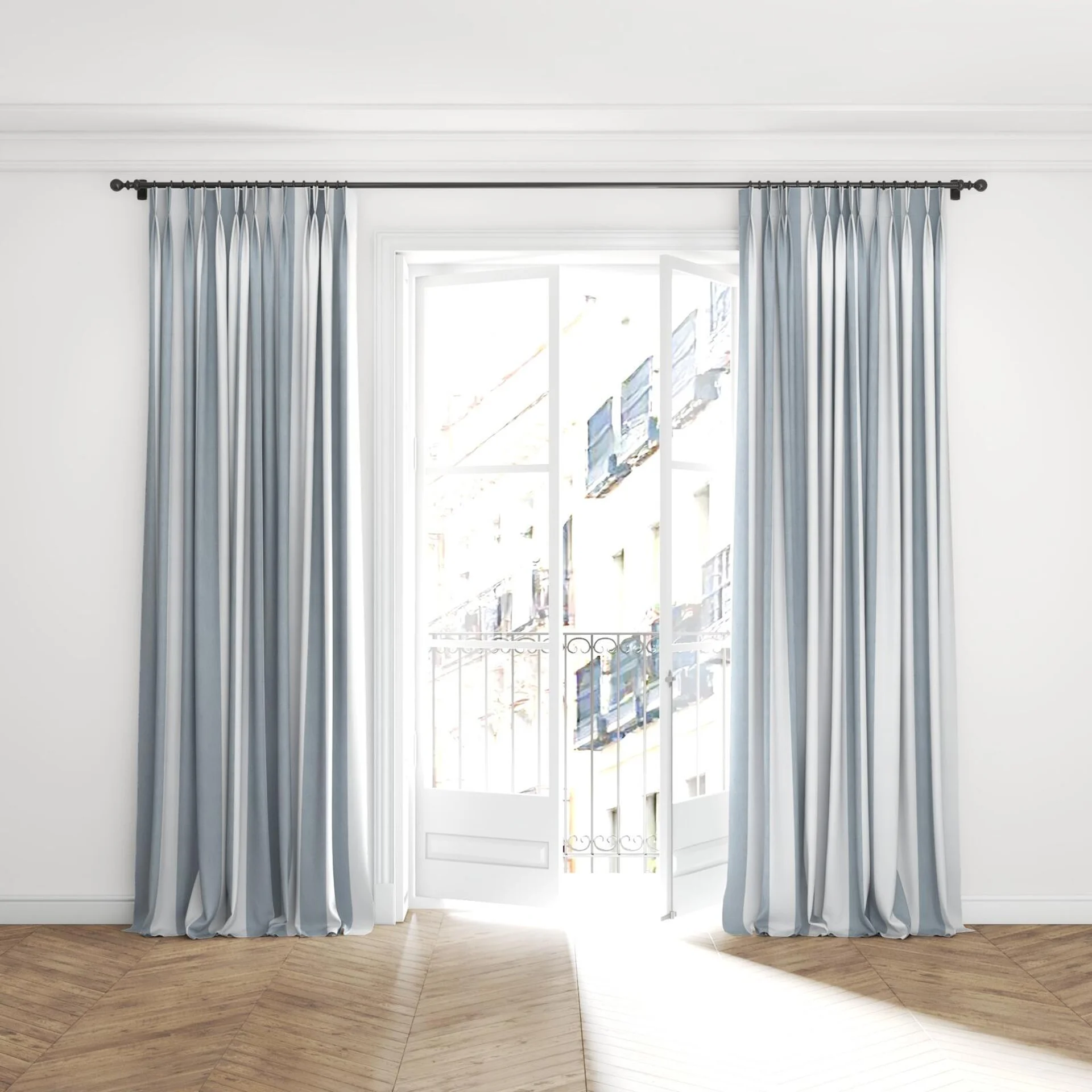 Full view of Chambray Bold Sky Blue, puddled with pinch pleat, on curtain rod
