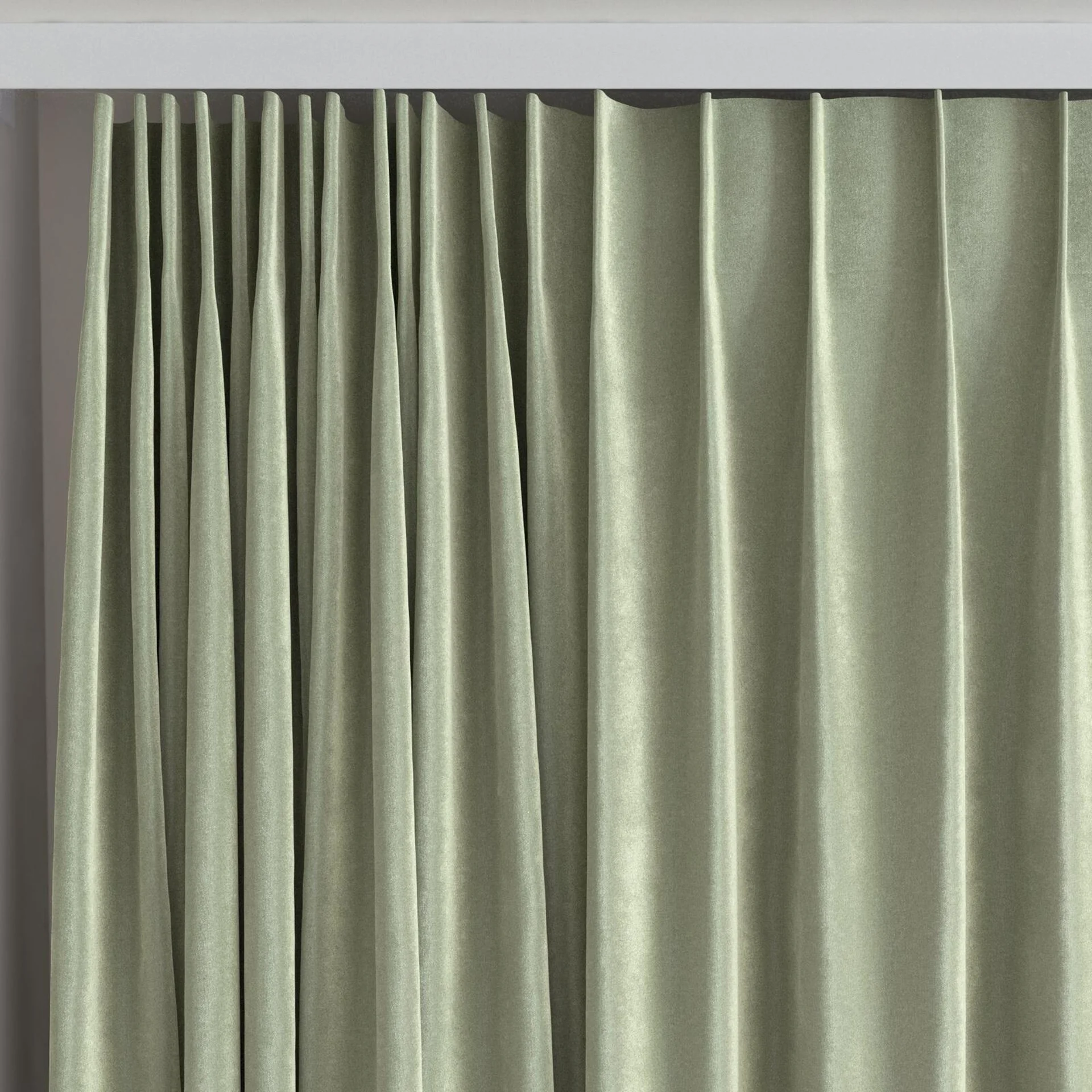 Top view of Velvelux Pistachio, on curtain rail