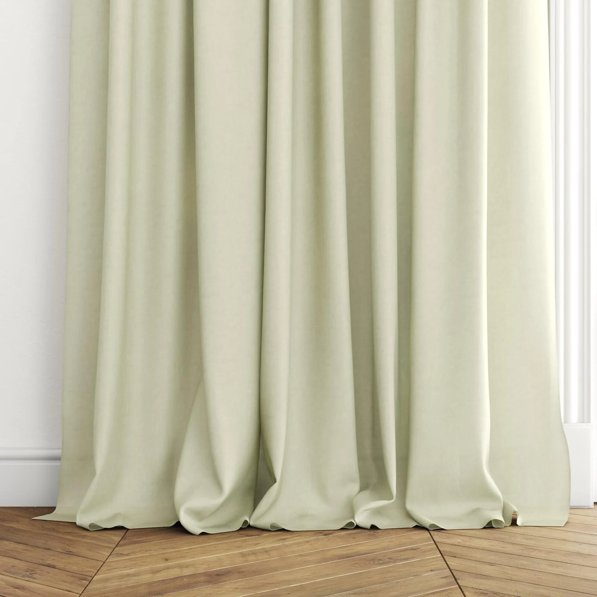 Bottom view of Flo II Moss, puddled with pinch pleat, on curtain rod