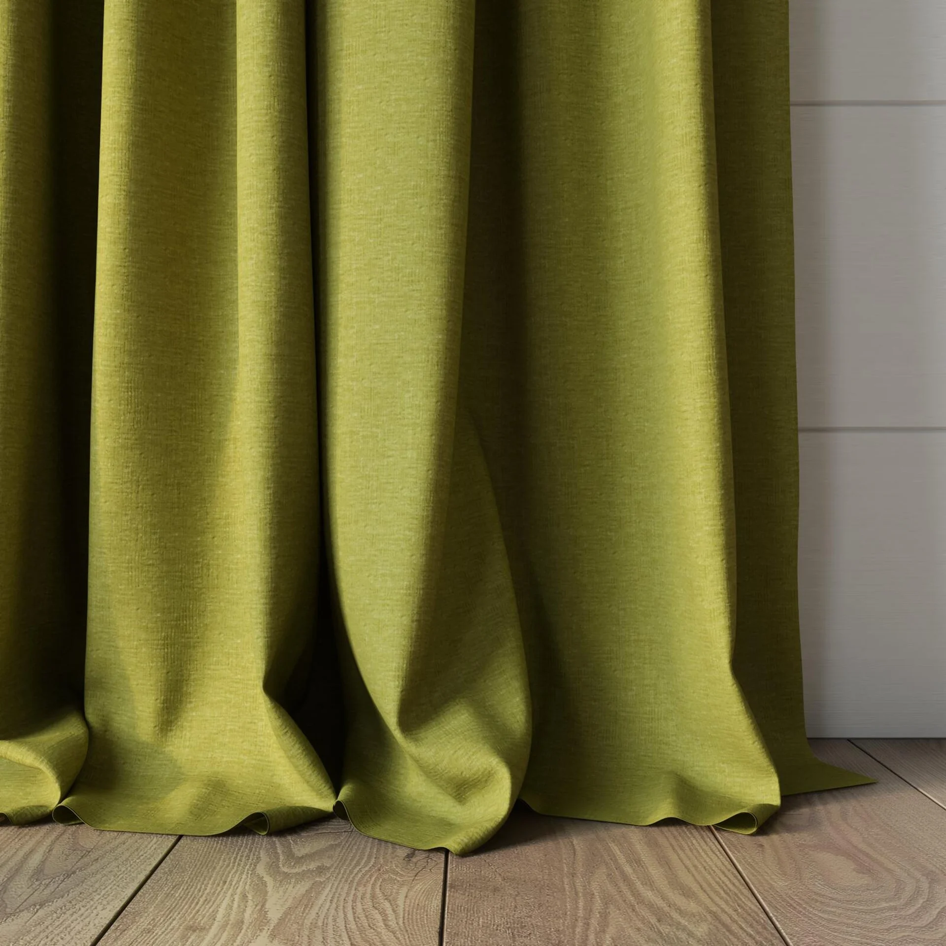 Bottom view of Coverlet Linden, puddled, on curtain rod