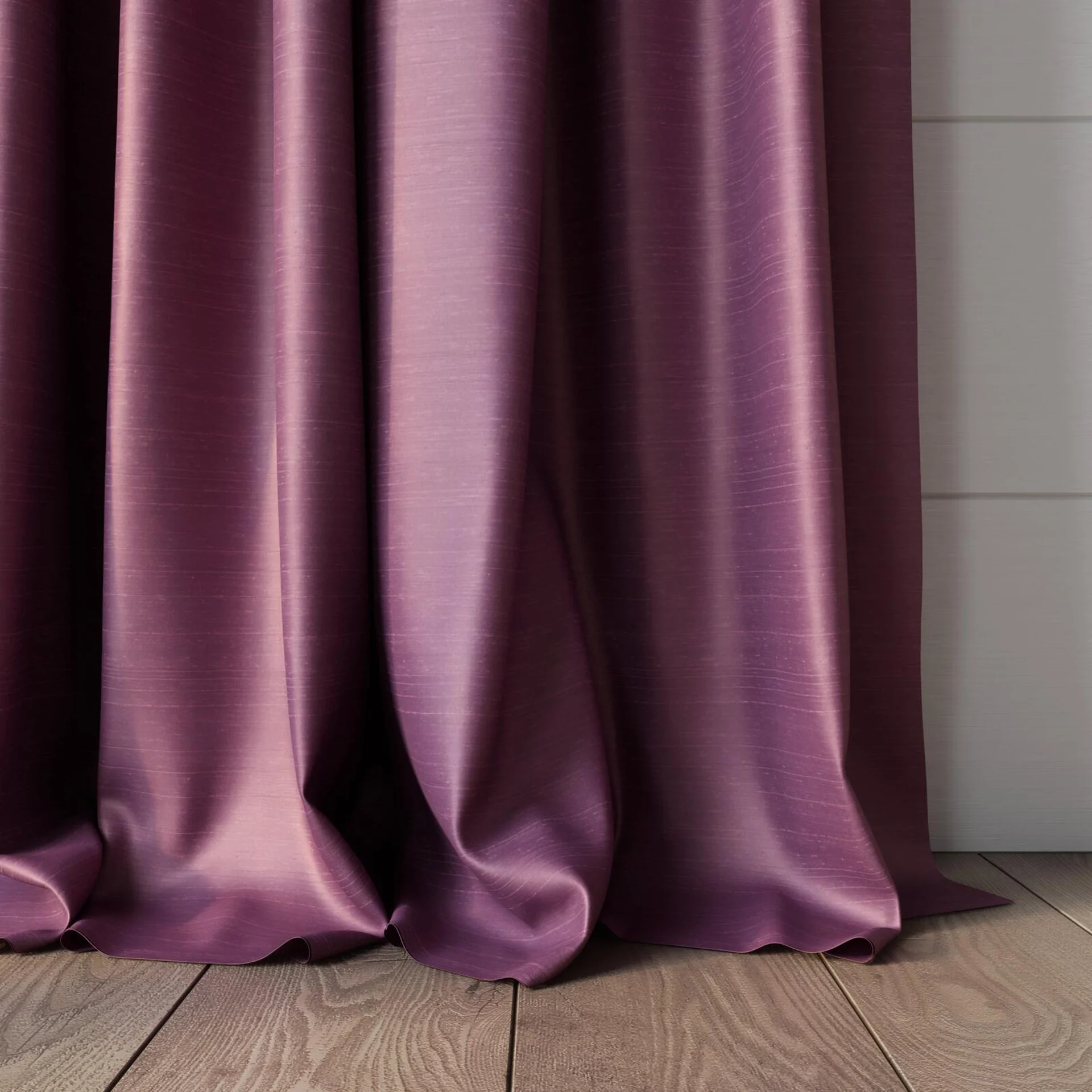 Bottom view of Silky Lilac, puddled, on curtain rod