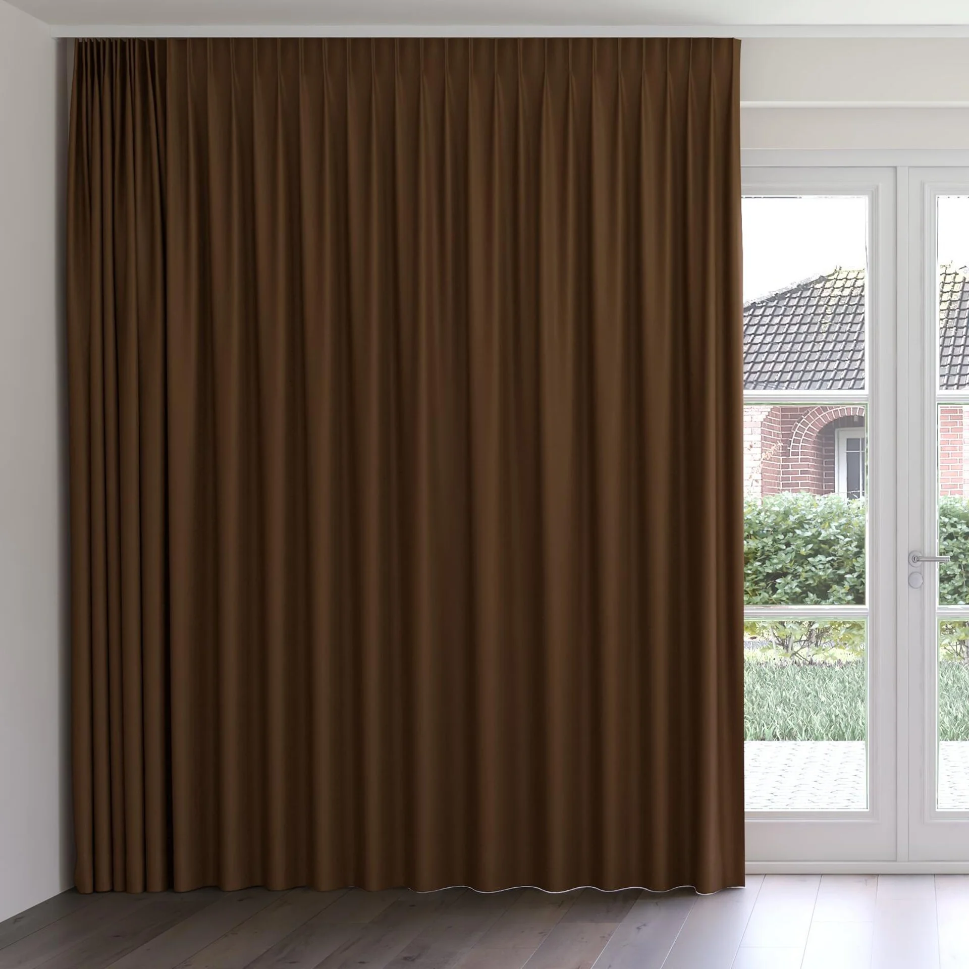 Front view of Eternal Raw Sienna, on curtain rail