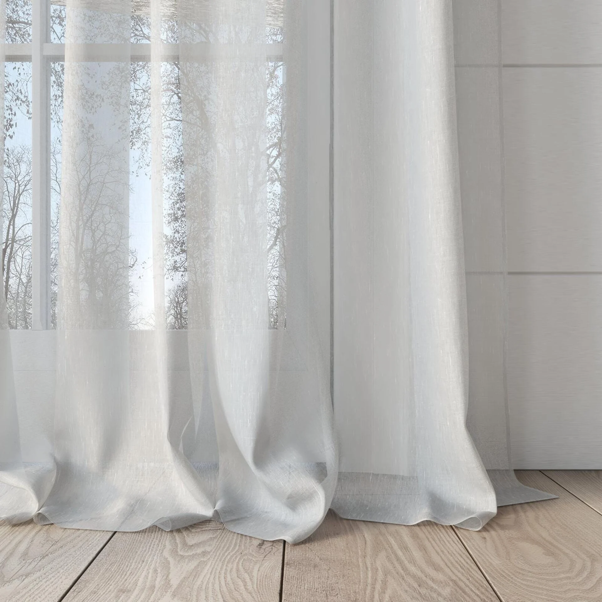 Bottom view of Cavalier Ivory, puddled, on curtain rod