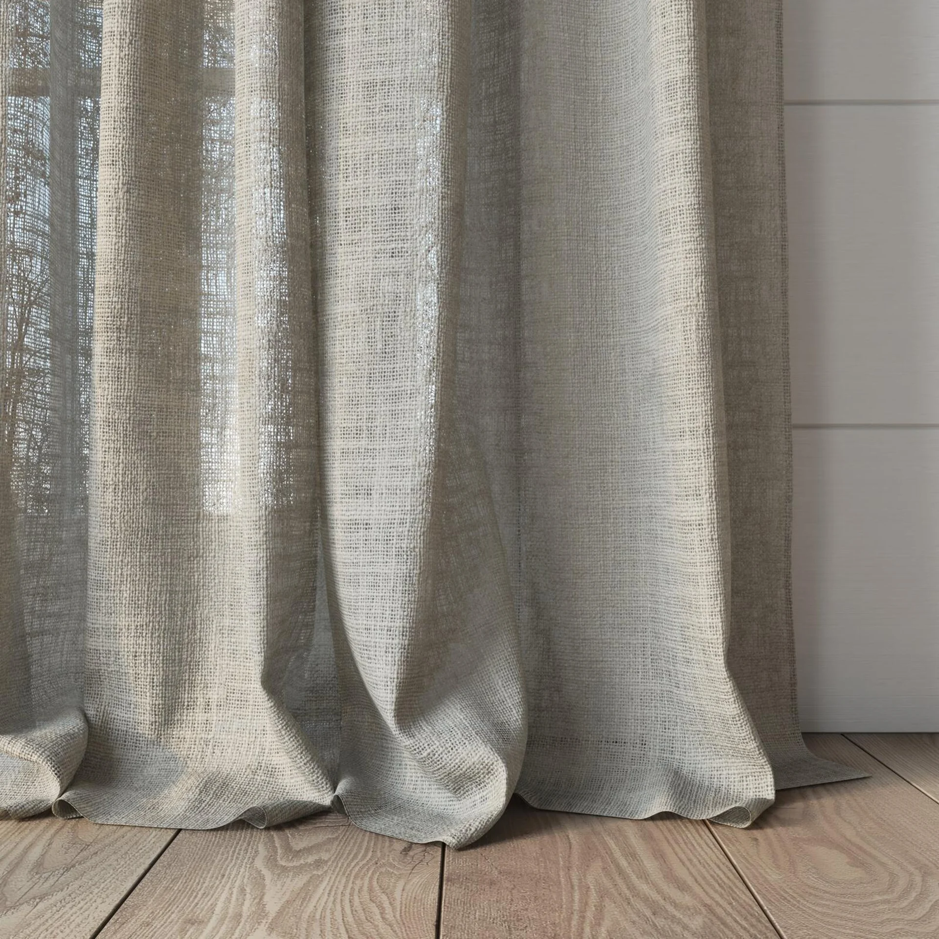 Bottom view of Adobe Linen, puddled, on curtain rod