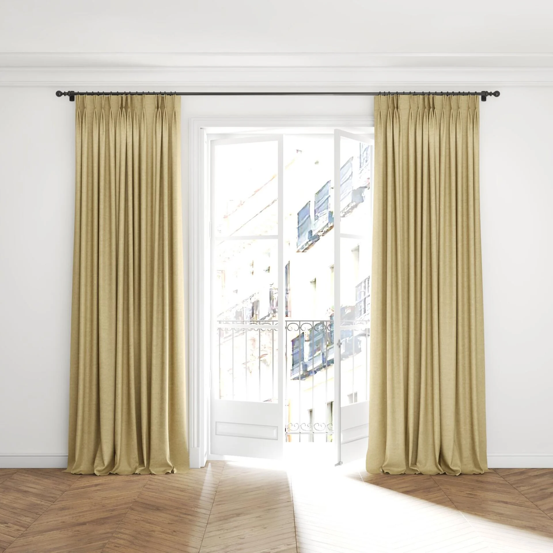 Full view of Colourwash Biscuit, puddled with pinch pleat, on curtain rod