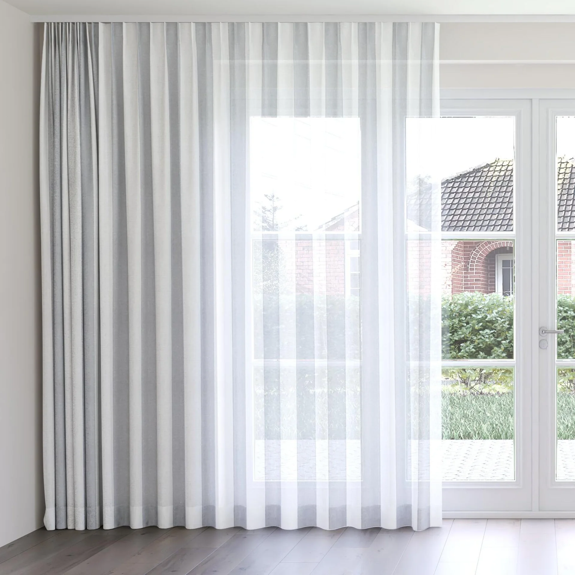 Front view of Kyoto Stripe Chambray, on curtain rail