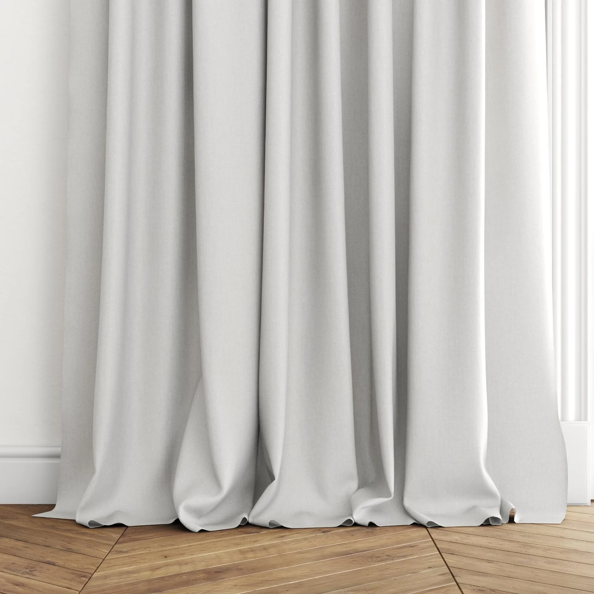 Bottom view of Private Chinchilla, puddled with pinch pleat, on curtain rod