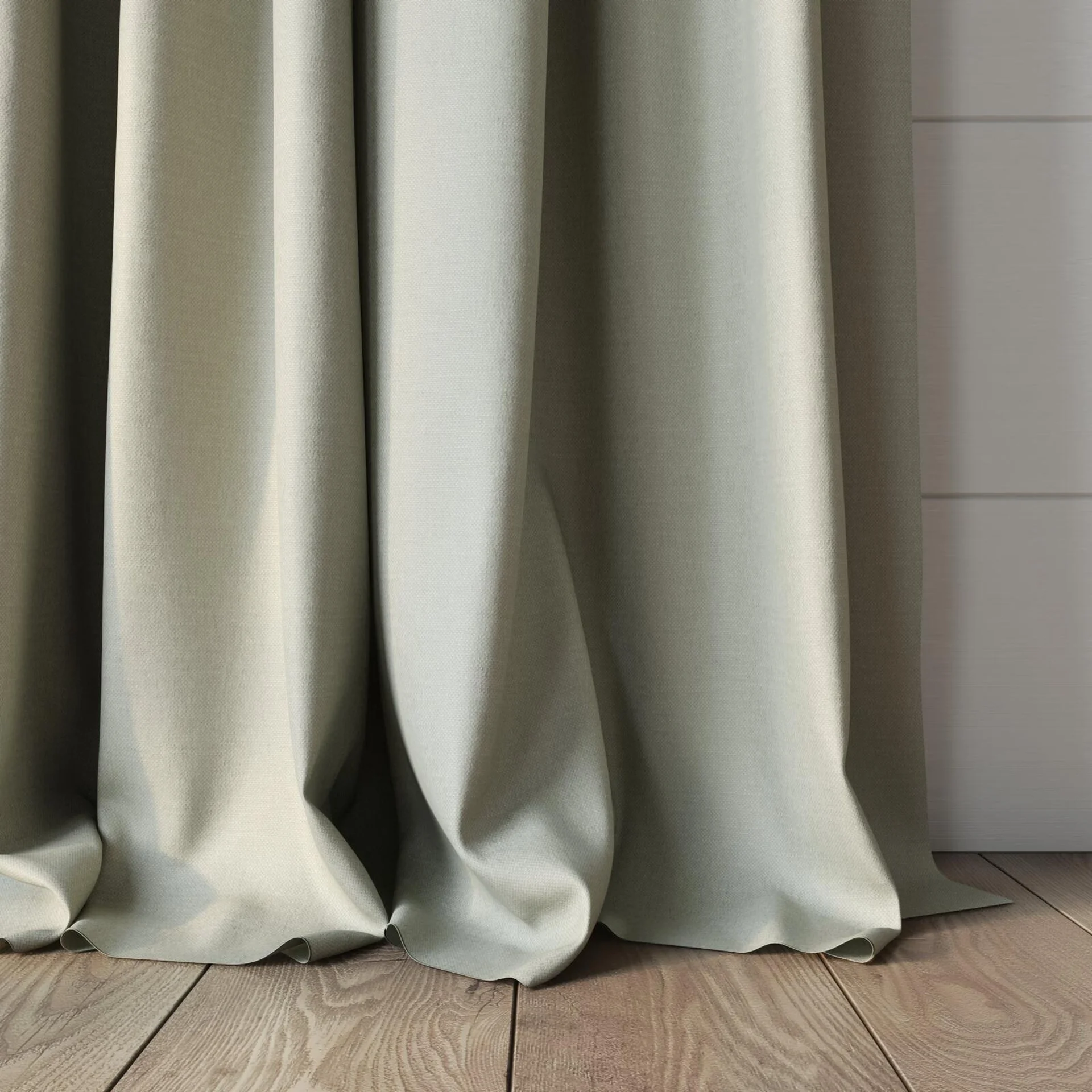 Bottom view of Urban Parchment, puddled, on curtain rod