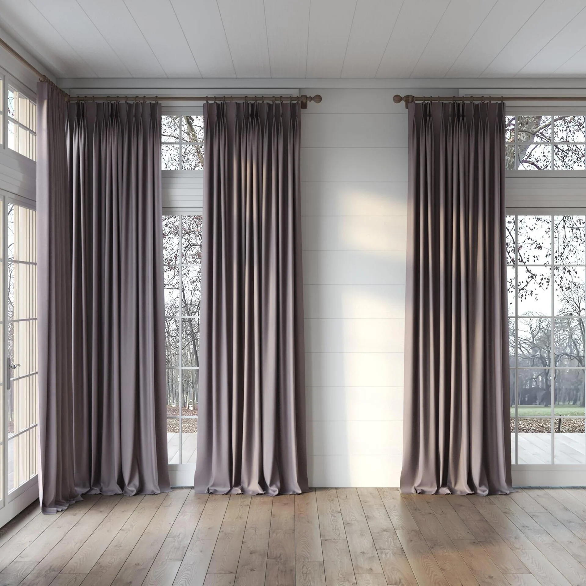 Full view of Loci Dim Out Mauve, puddled, on curtain rod