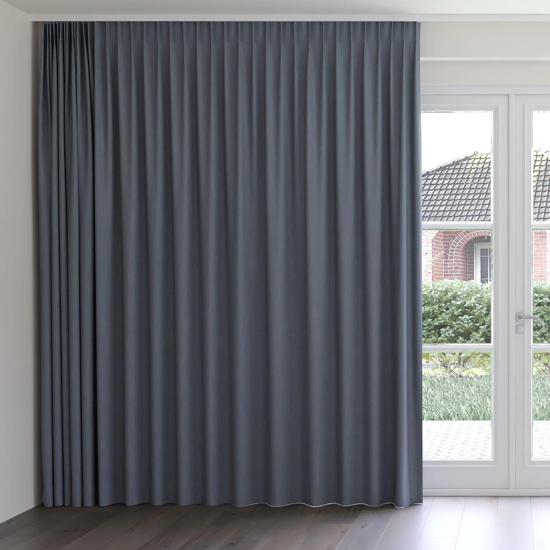Front view of Aria Indigo, on curtain rail
