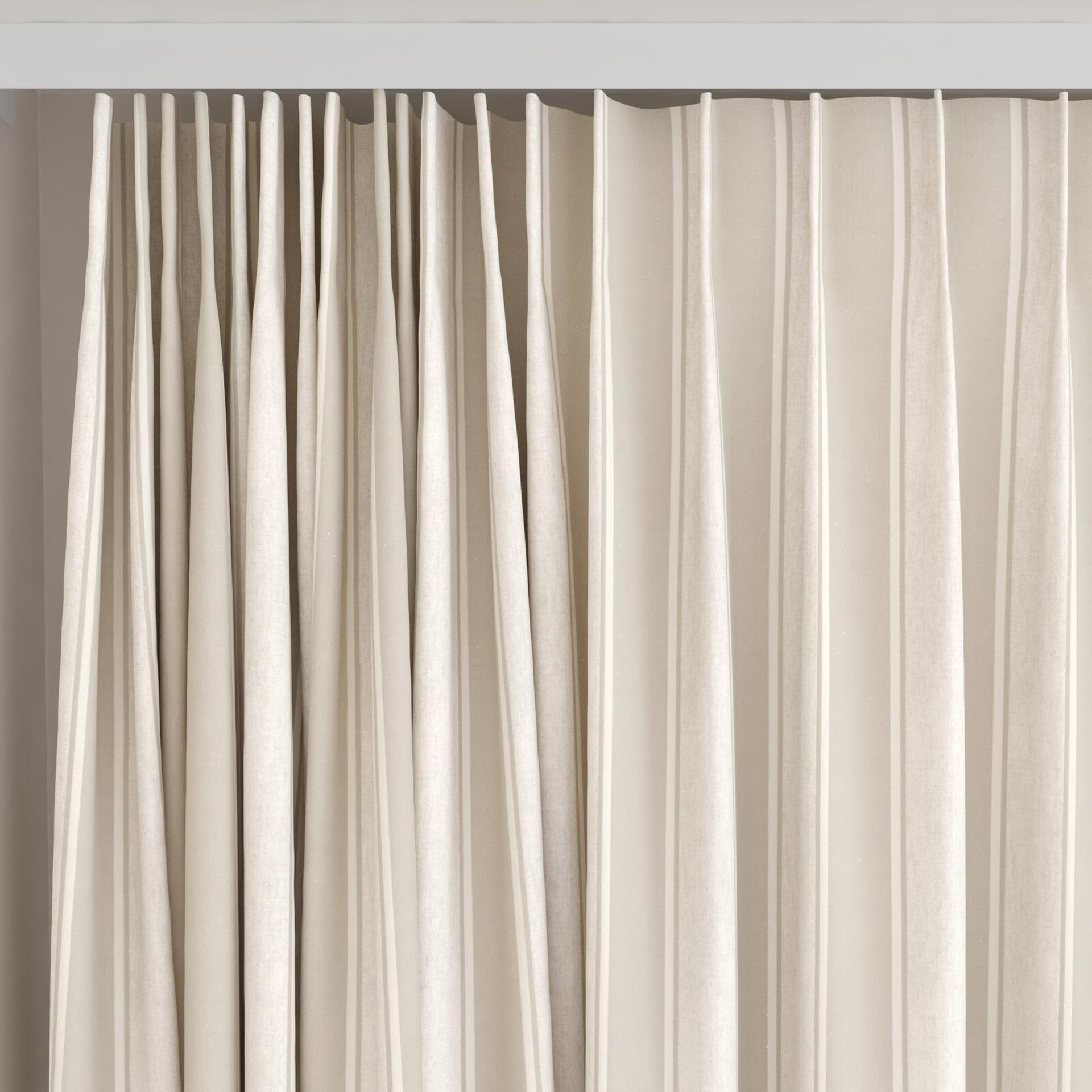 Top view of Broad Stripe Taupe, on curtain rail