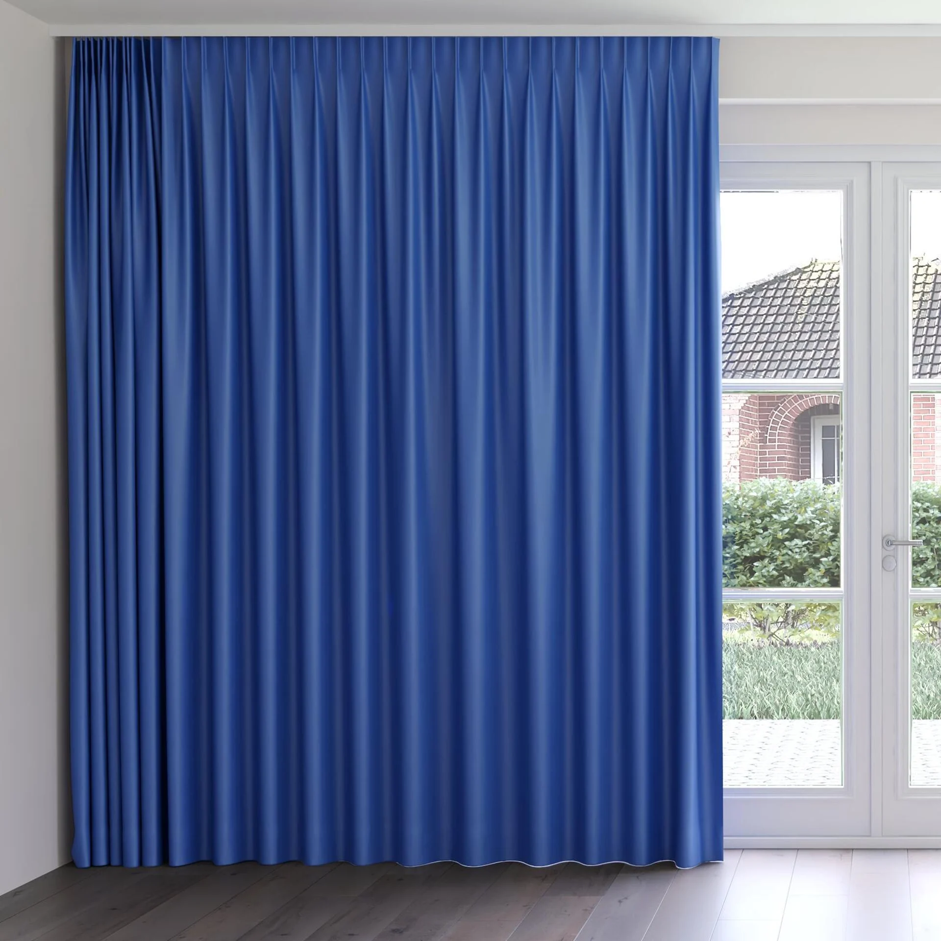 Front view of Blockbuster Cobalt, on curtain rail