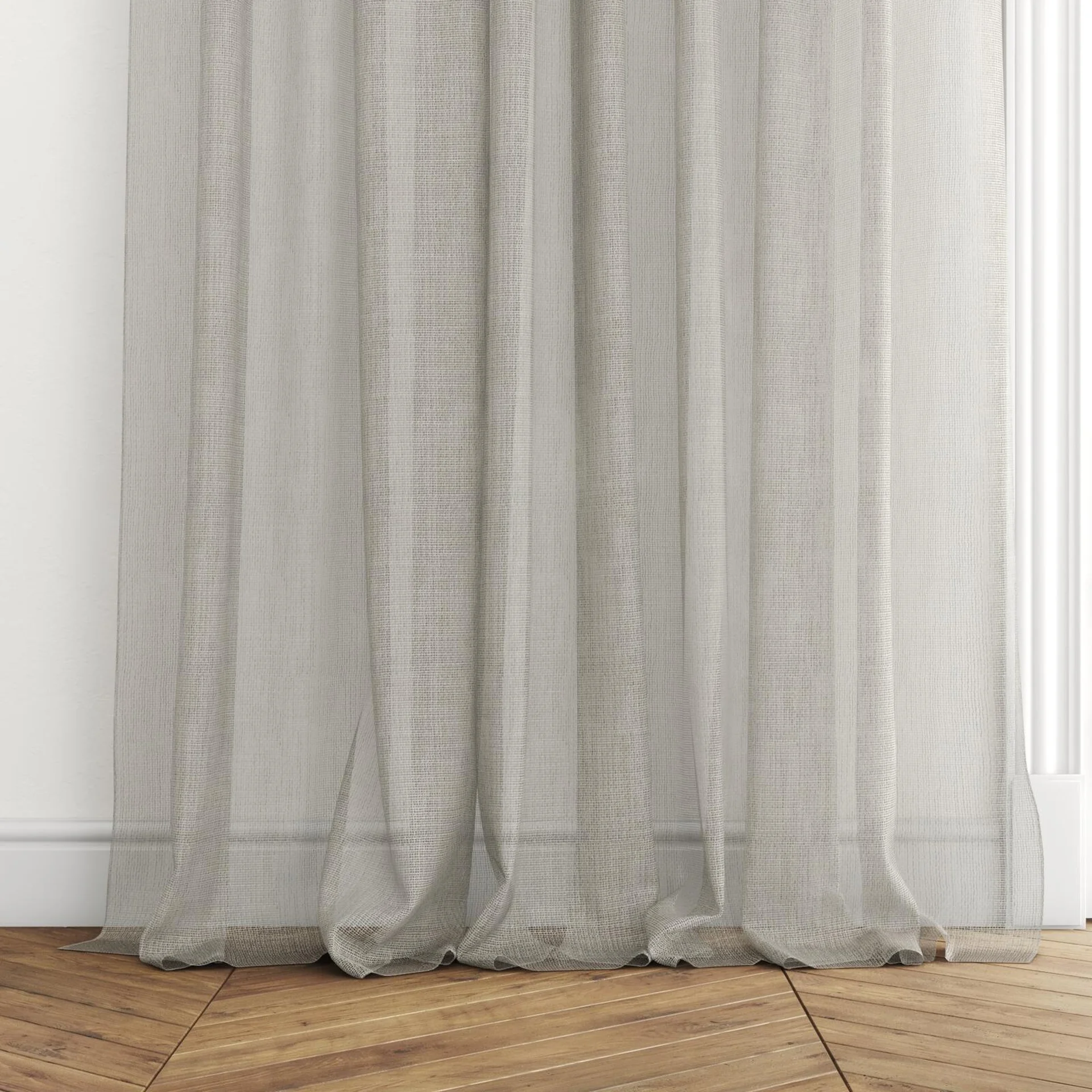 Bottom view of Radiant Plaza, puddled with pinch pleat, on curtain rod