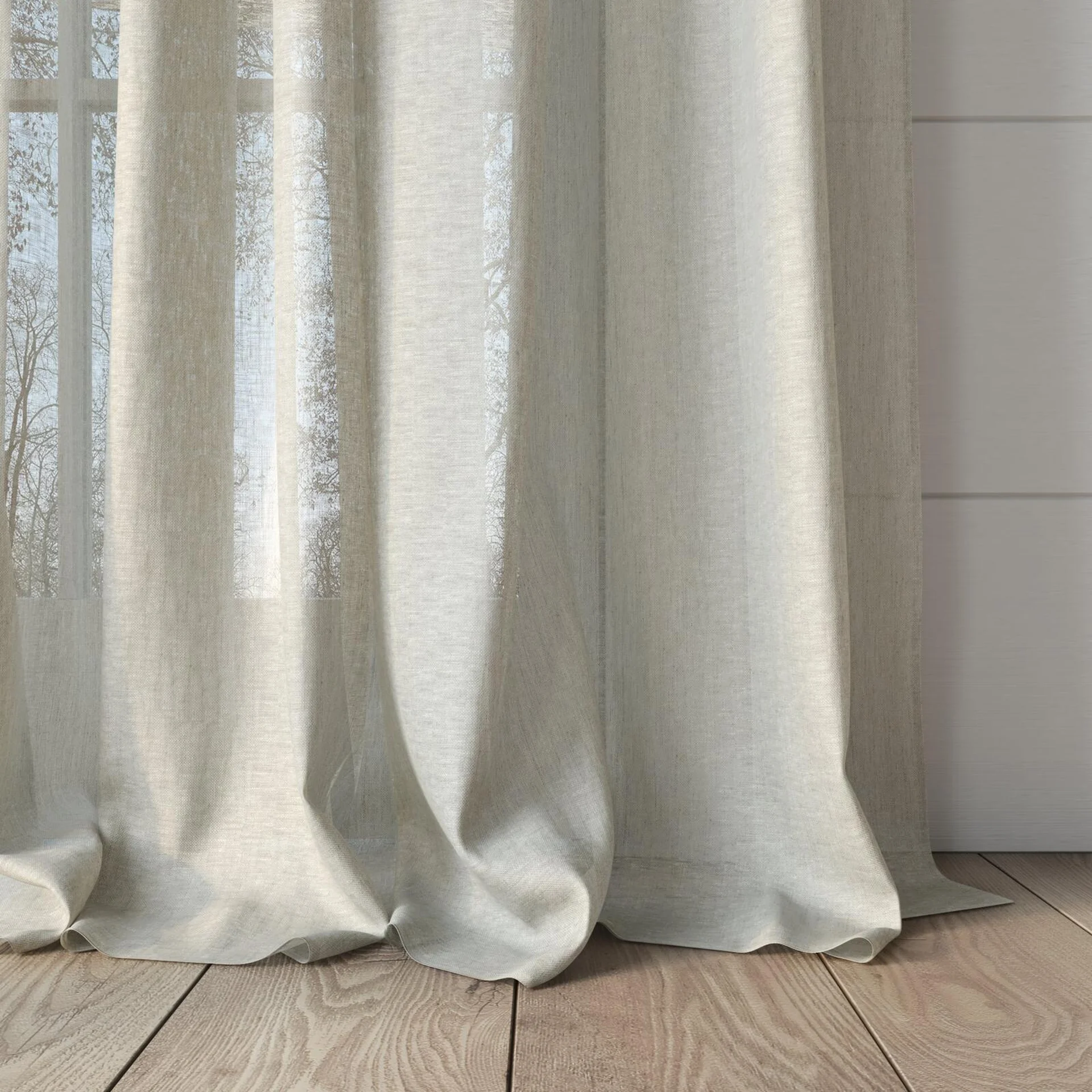 Bottom view of Laconia Air Linen, puddled, on curtain rod