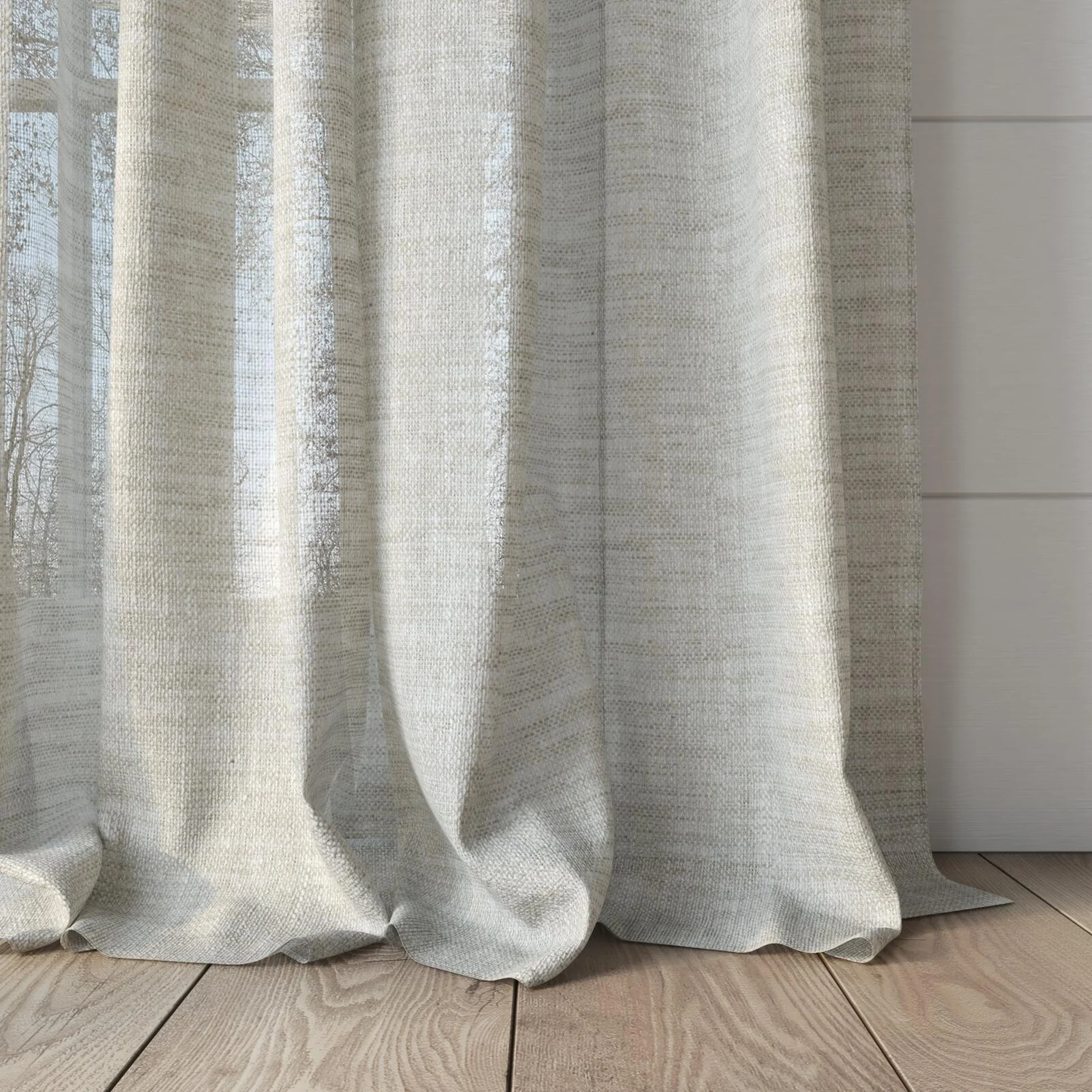 Bottom view of Homespun Linen, puddled, on curtain rod