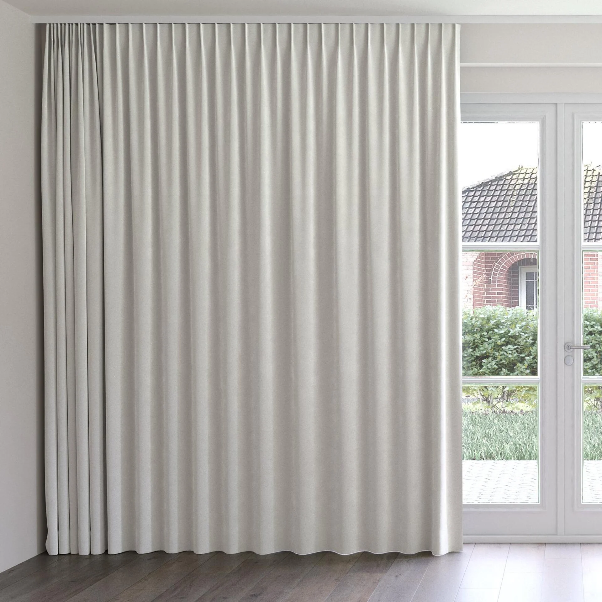 Front view of Velvelux Sterling, on curtain rail