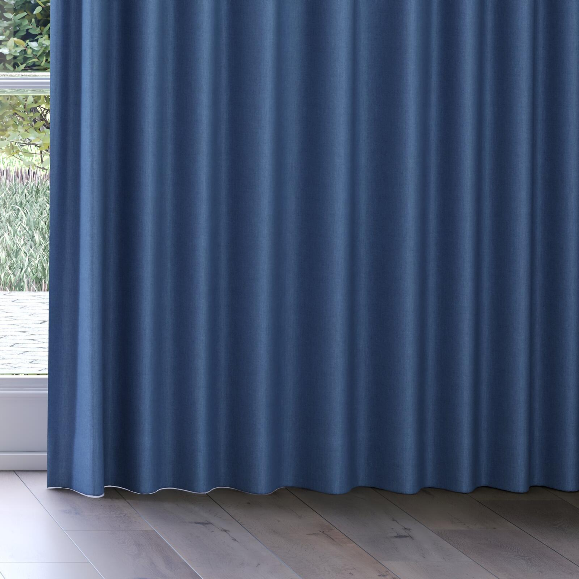 Bottom view of Cushy Denim, on curtain rail