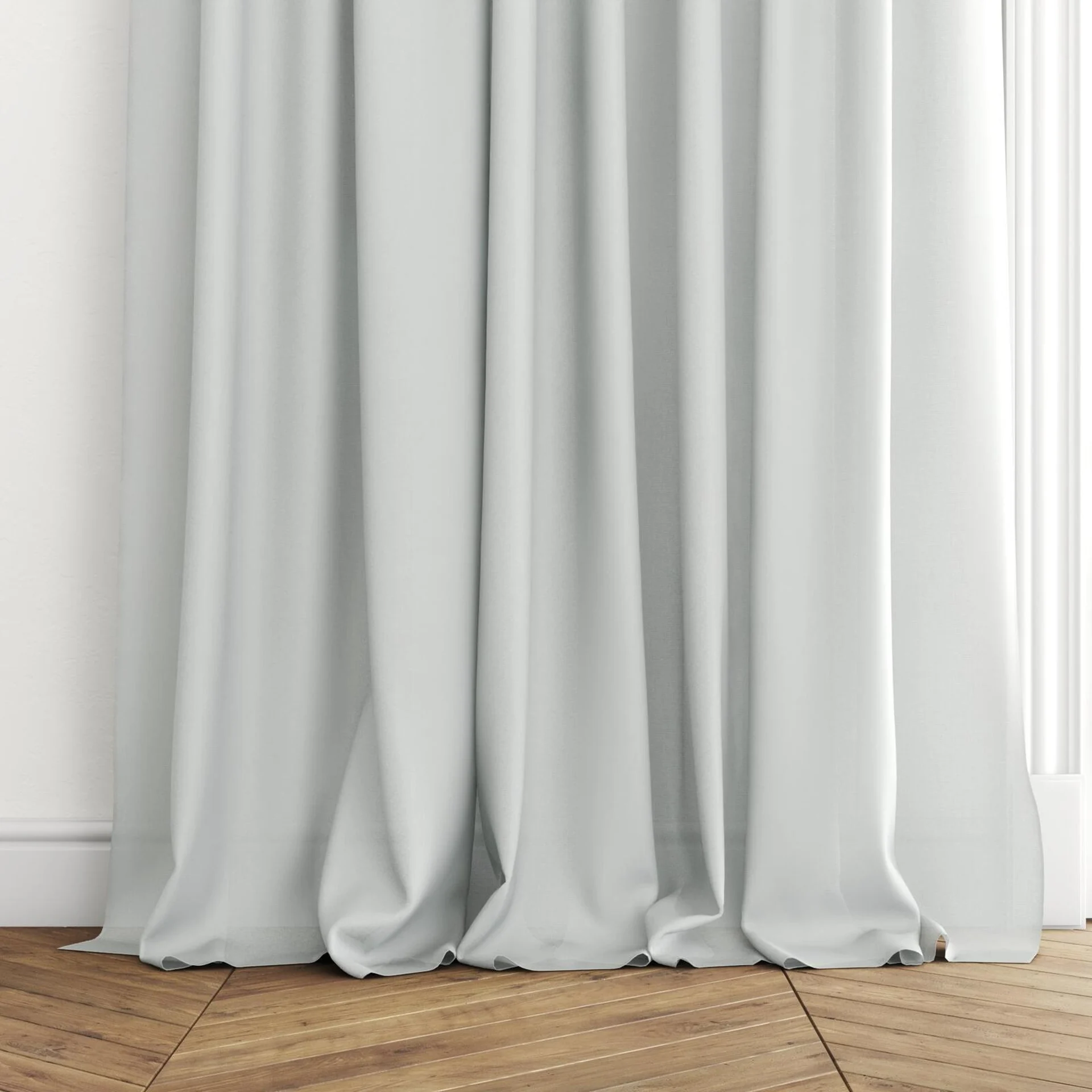 Bottom view of Gossy Aqua, puddled with pinch pleat, on curtain rod