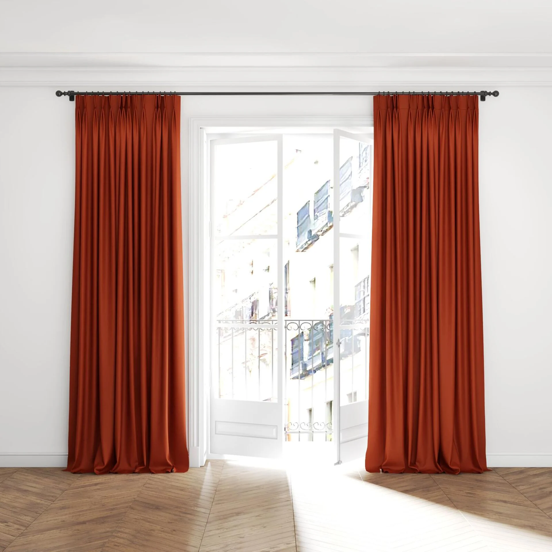 Full view of Kanvas Sierra, puddled with pinch pleat, on curtain rod