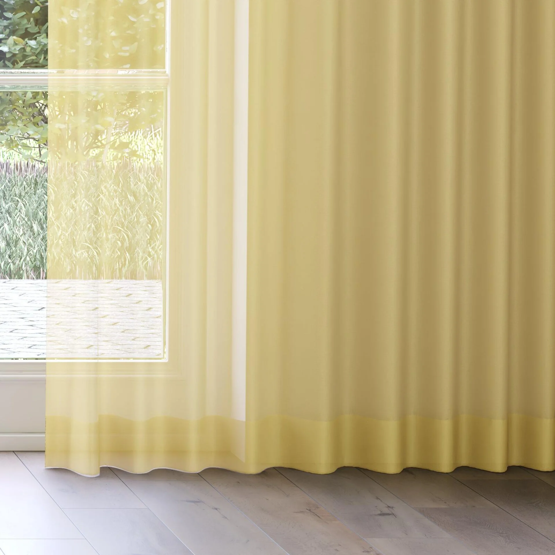 Bottom view of Zine Buttercup, on curtain rail