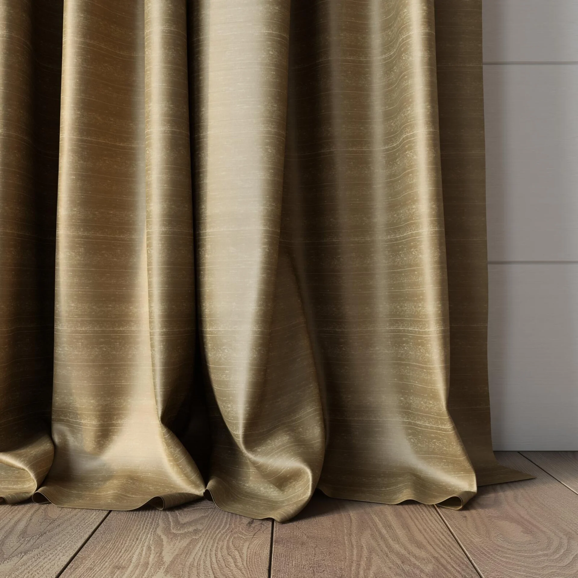 Bottom view of Silky Earth, puddled, on curtain rod