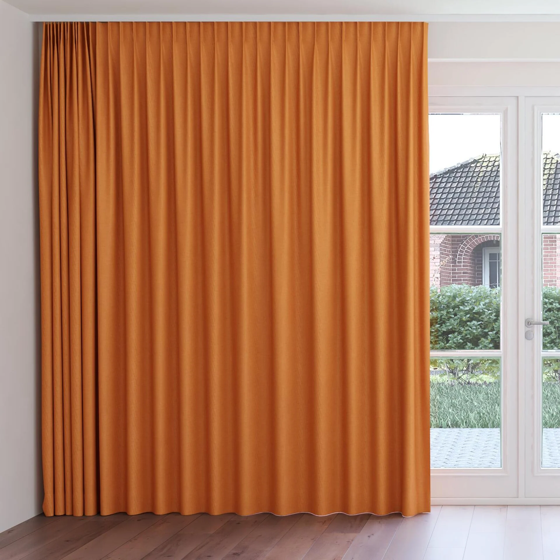 Front view of Casual Carrot, on curtain rail