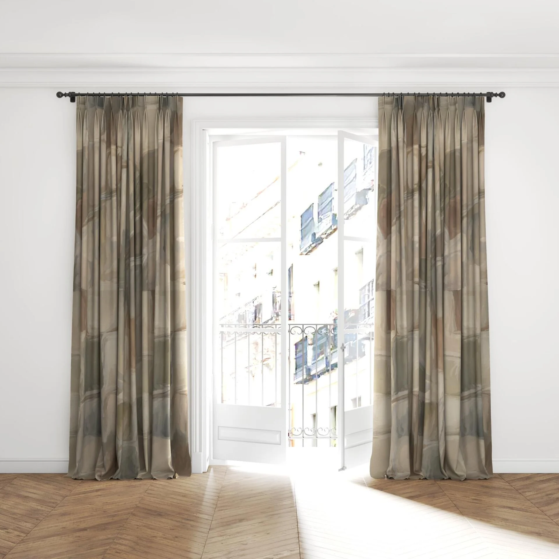 Full view of Colour Field Mineral, puddled with pinch pleat, on curtain rod