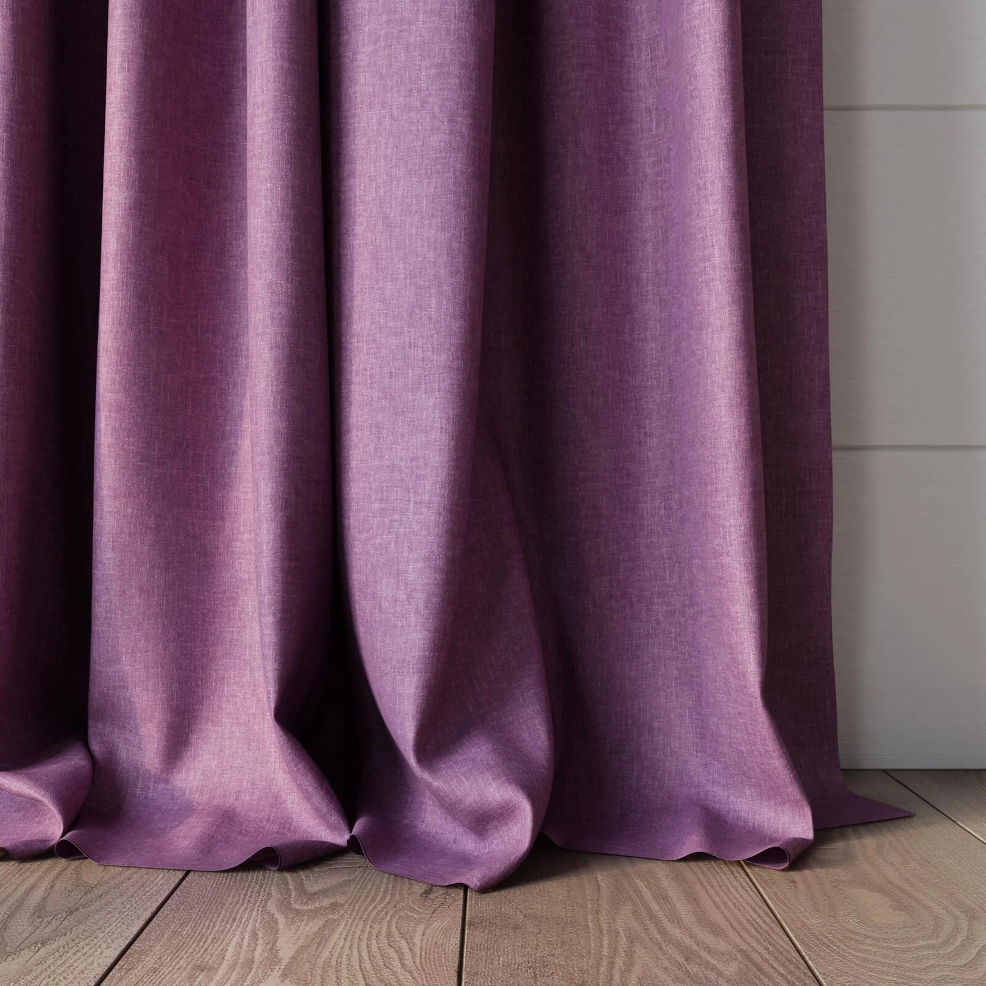 Bottom view of Hometown Purple, puddled, on curtain rod